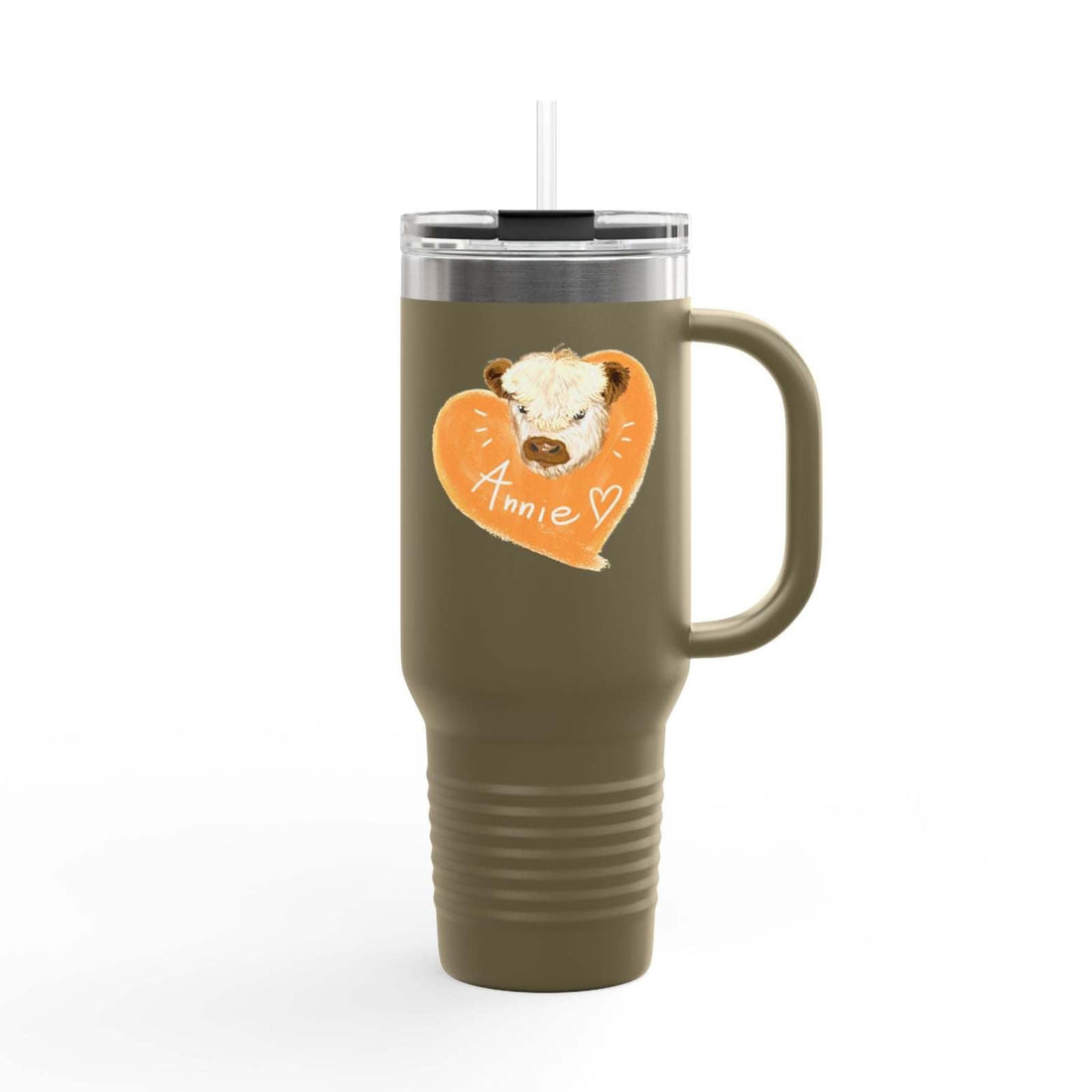 Personalized insulated travel mug 40oz with custom name Annie and heart design brown stainless steel handle and clear lid