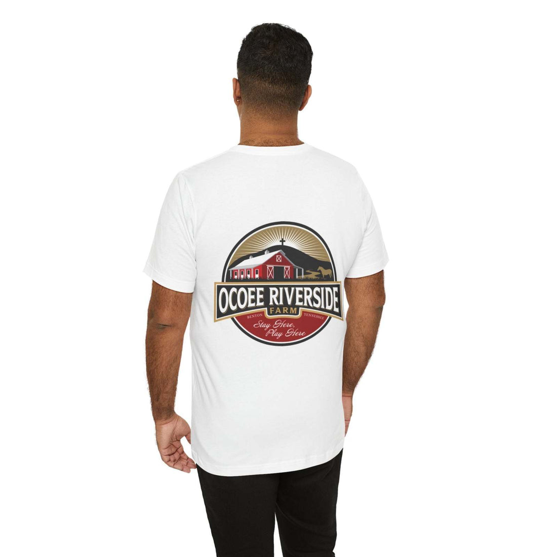 Man wearing white Sloth T-Shirt with Ocoee Riverside Farm logo on back, casual fit unisex tee