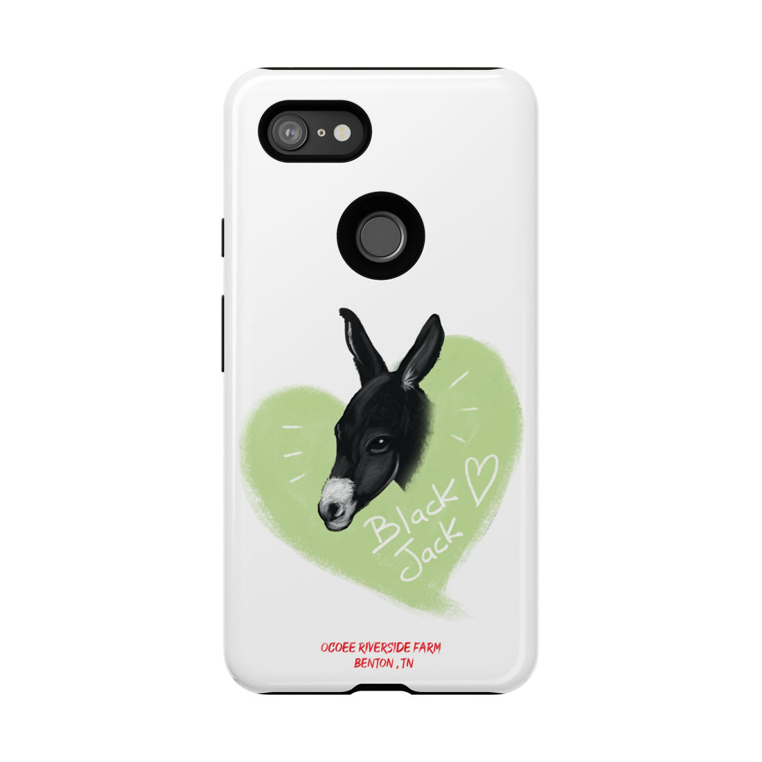A donkey featuring the words "Black Jack" prominently displayed on its side at Ocoee Riverside Farm Phone Case