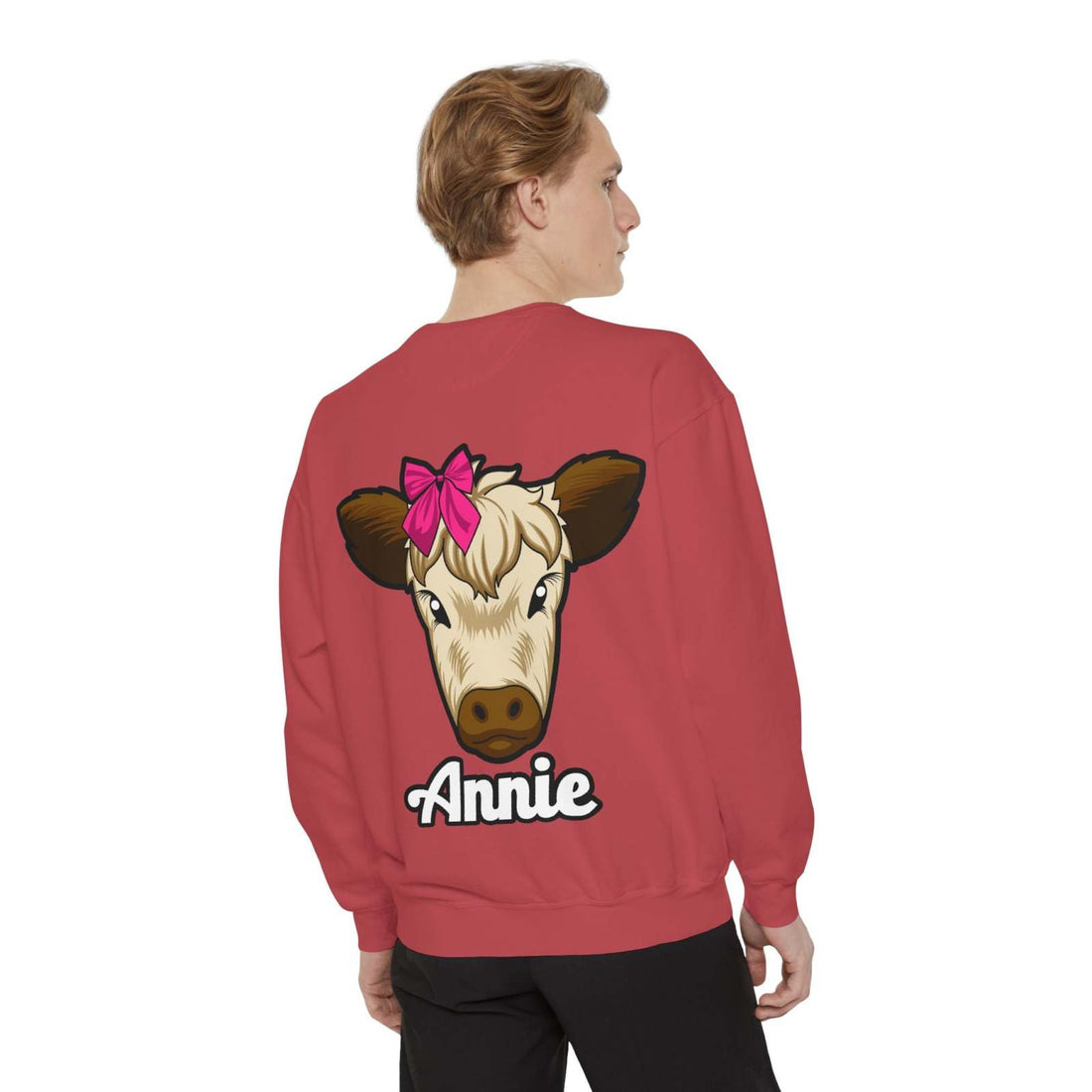Annie the Cow Sweatshirt featuring a cute cow with a red bow, ideal for farm animal lovers.