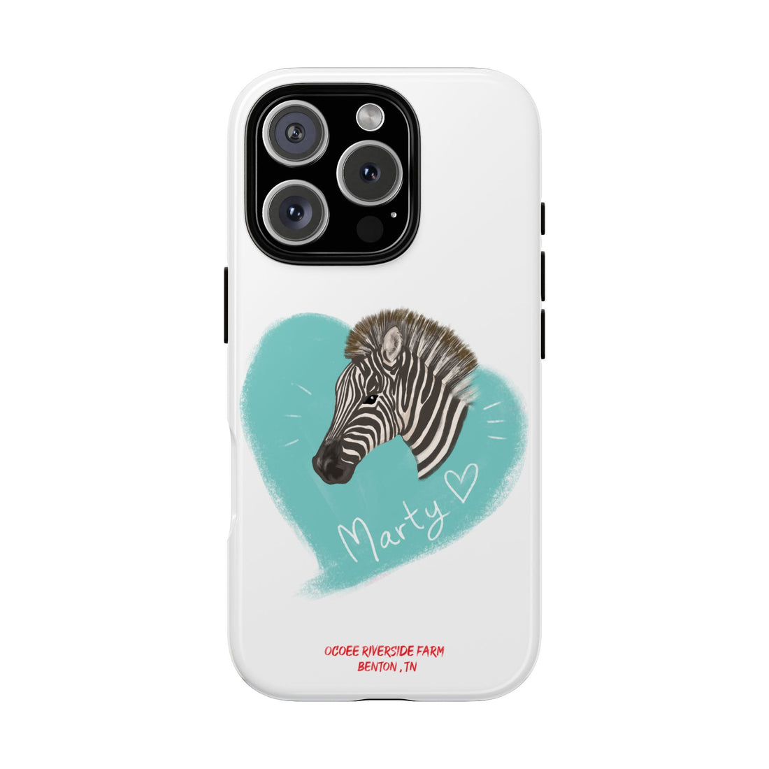A zebra adorned with the word "Marty" creatively integrated into its stripes at Ocoee Riverside Farm Phone Case