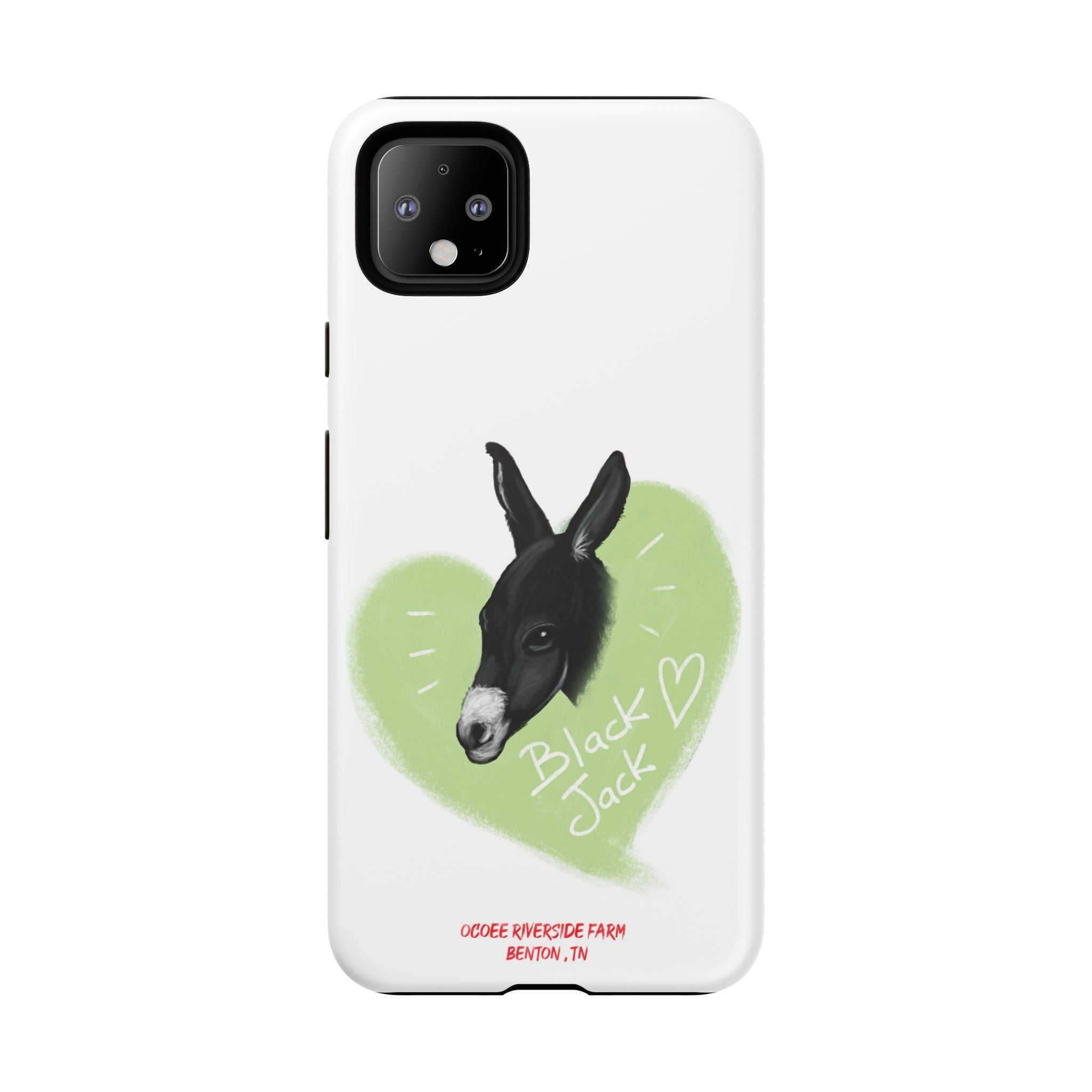 A donkey featuring the words "Black Jack" prominently displayed on its side at Ocoee Riverside Farm Phone Case