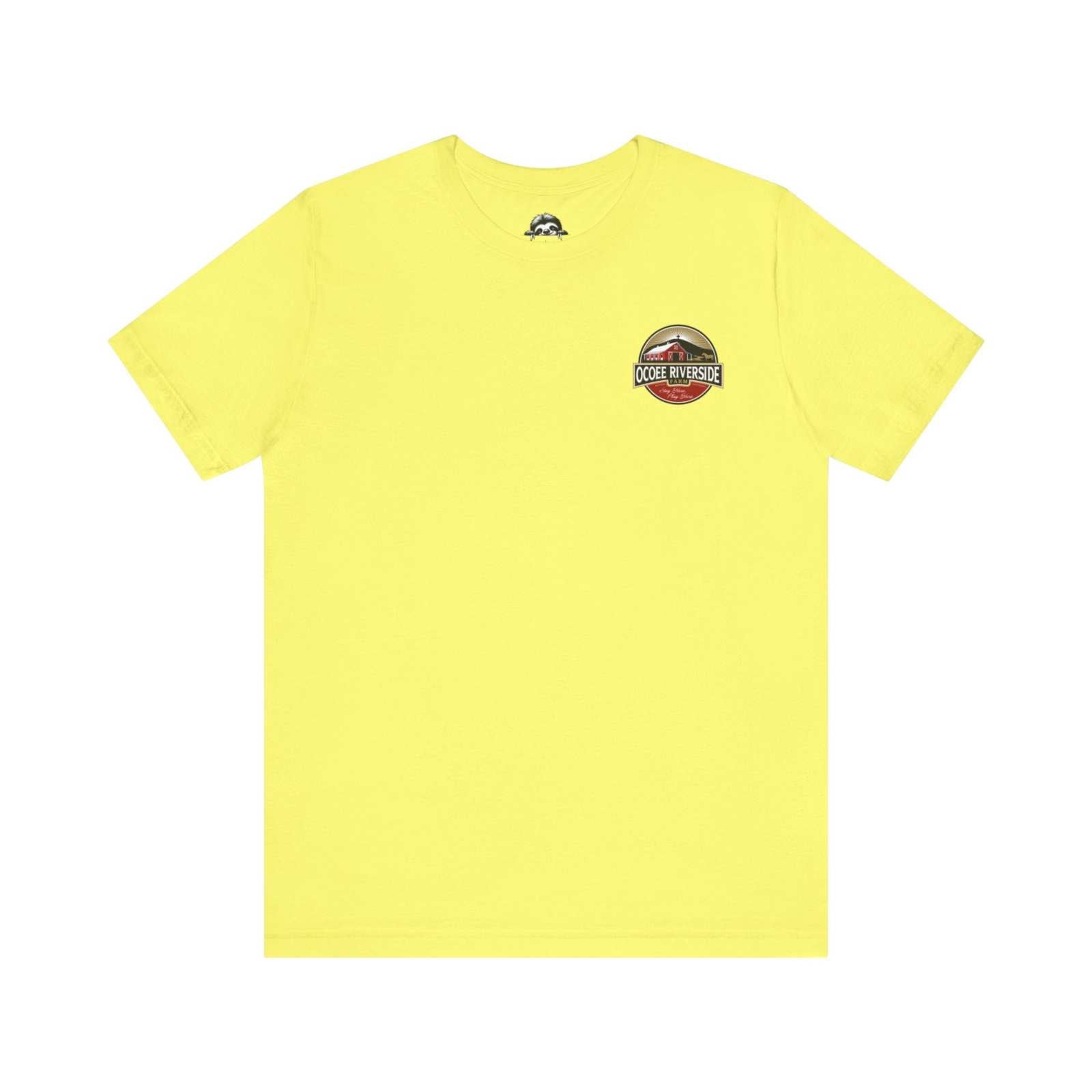 Yellow Country Cow Graphic Tee with small rustic emblem on chest and soft cotton fabric