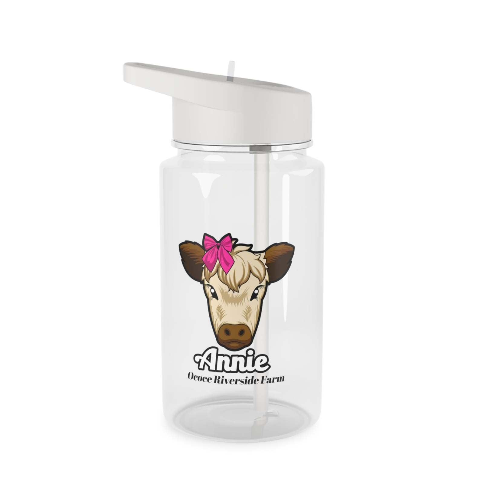 Clear farm animal water bottle featuring a cow illustration with a pink bow and spill-resistant white lid, BPA-free and customizable.