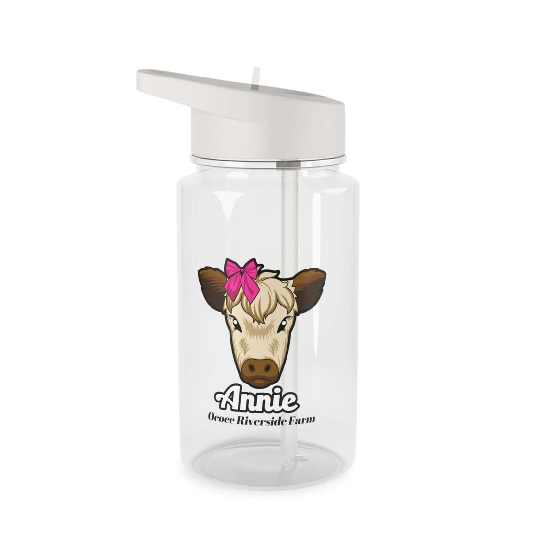 Clear farm animal water bottle featuring a cow illustration with a pink bow and spill-resistant white lid, BPA-free and customizable.