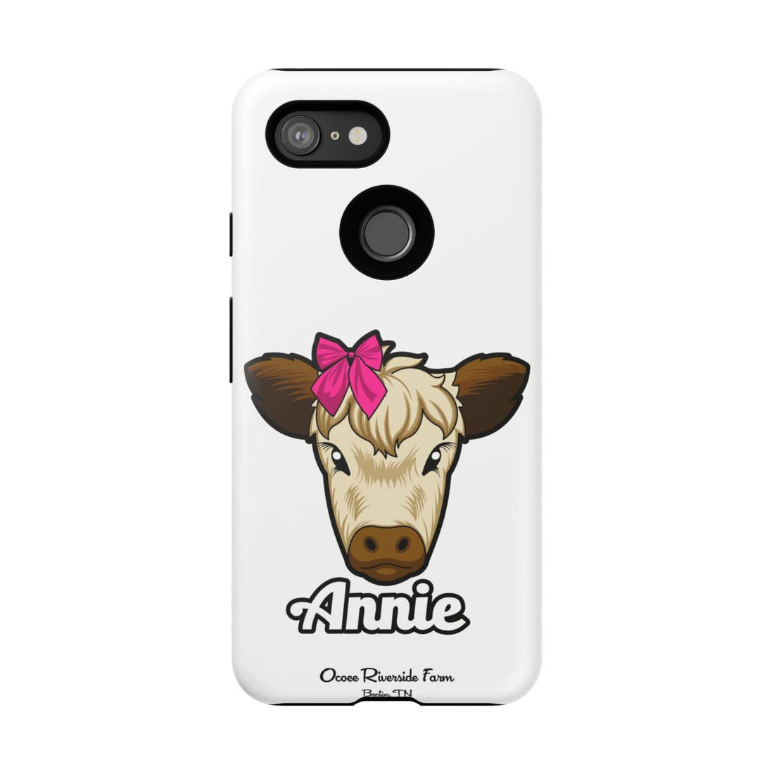 Cute Annie the Cow phone case with red bow, perfect farm animal lover gift, durable and stylish design.