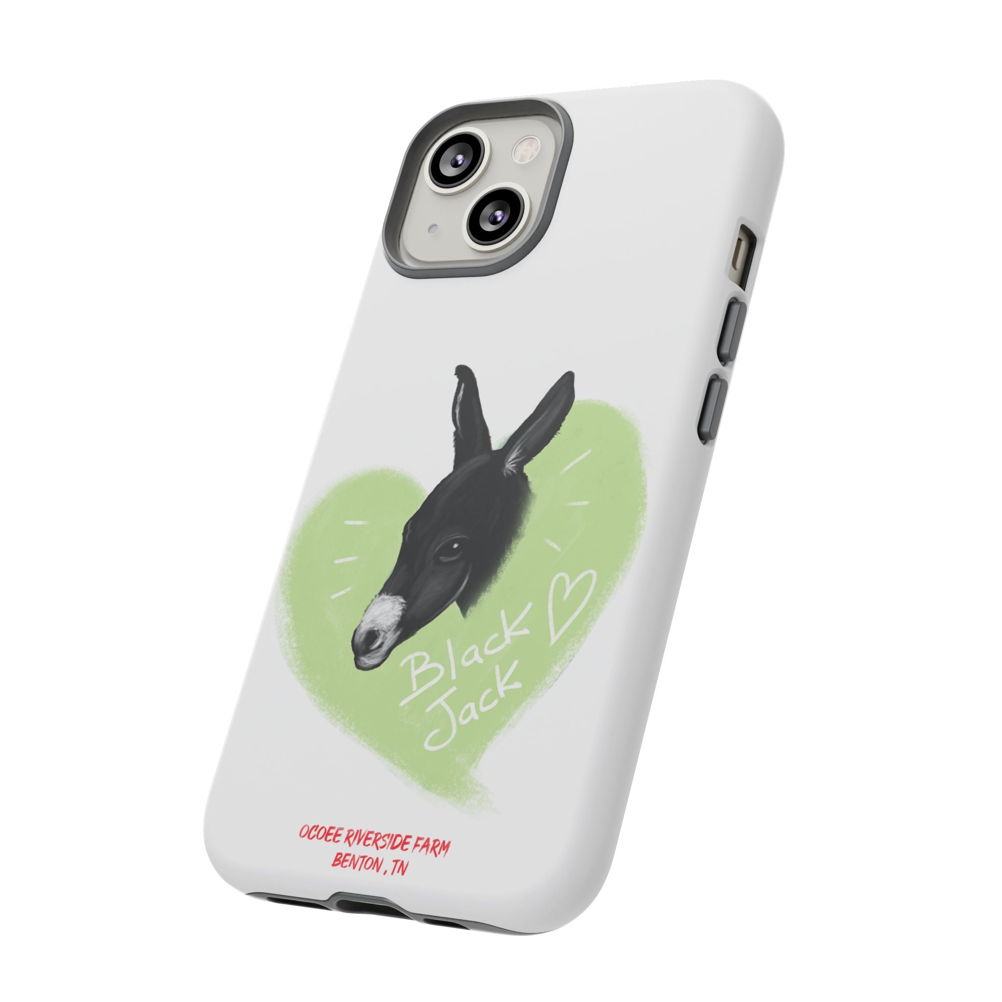 A donkey featuring the words "Black Jack" prominently displayed on its side at Ocoee Riverside Farm Phone Case