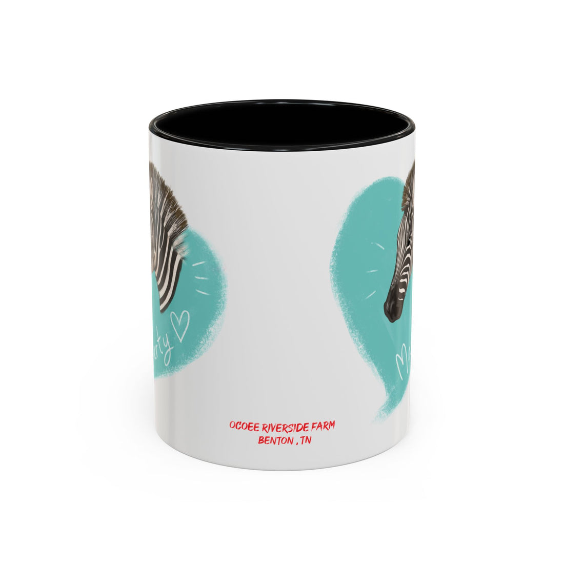 A zebra adorned with the word "Marty" creatively integrated into its stripes at Ocoee Riverside Farm Coffee Mug