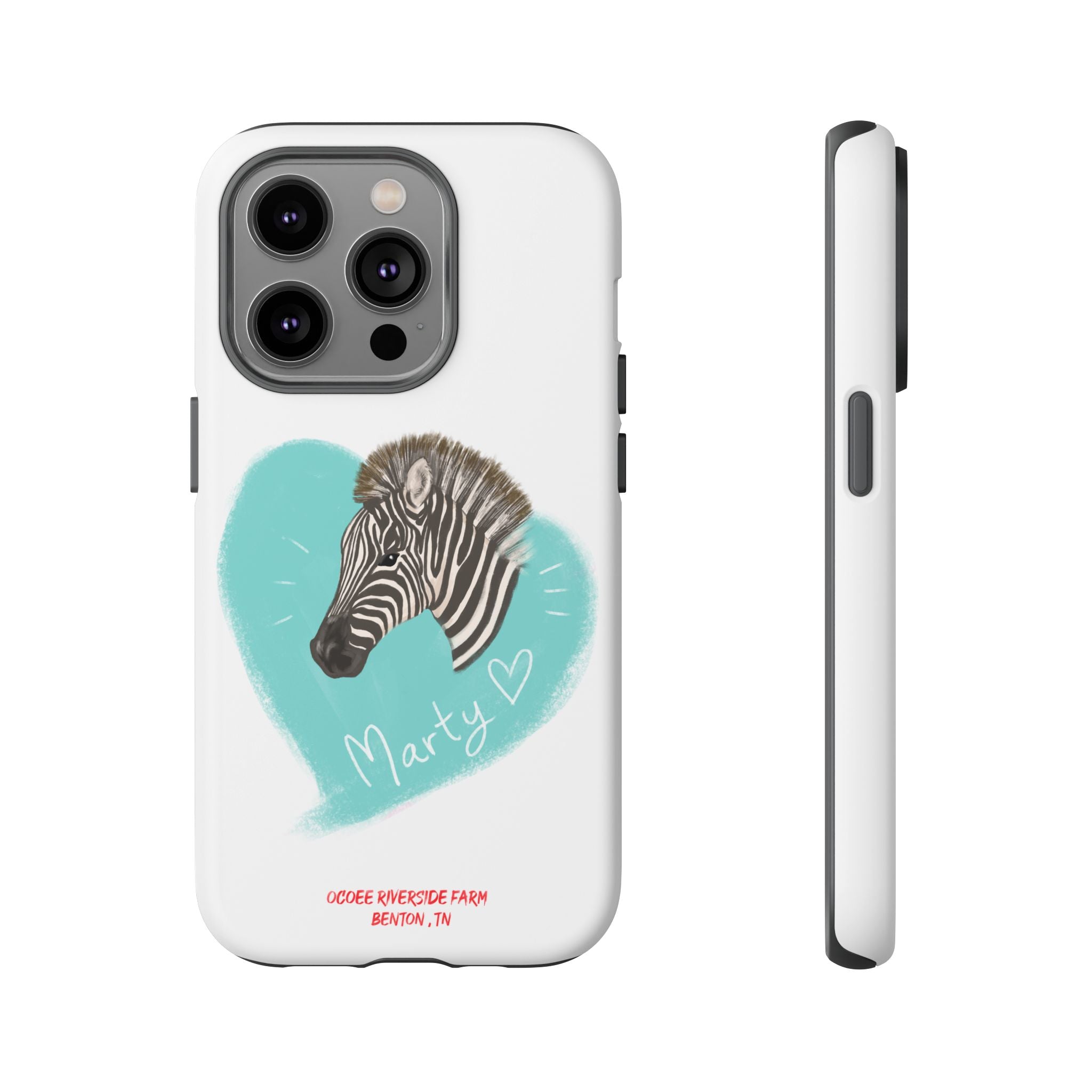 A zebra adorned with the word "Marty" creatively integrated into its stripes at Ocoee Riverside Farm Phone Case