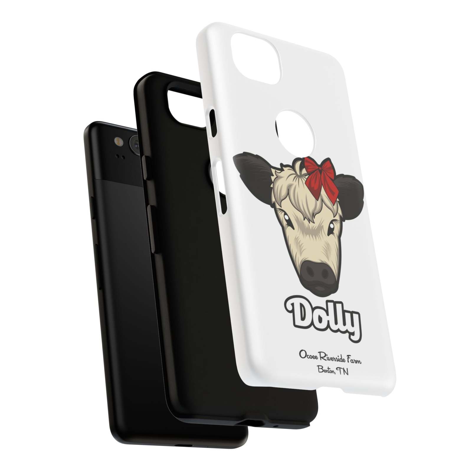 Farmhouse Chic Phone Case featuring Dolly the cow with a red bow, showcasing rustic elegance and durable protection.