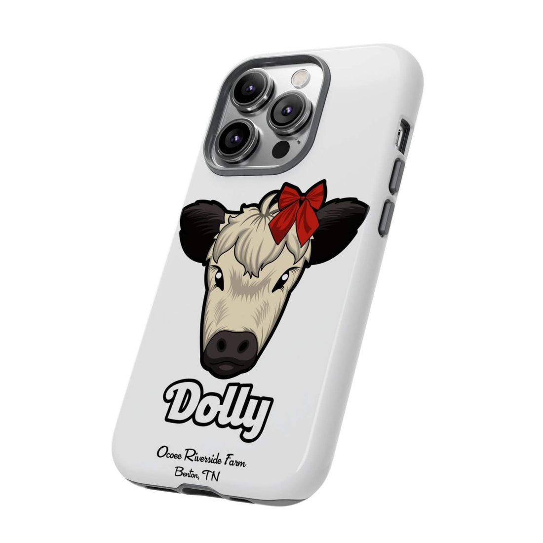 Farmhouse Chic Phone Case with Dolly the Cow and Red Bow, rustic style, durable protection.