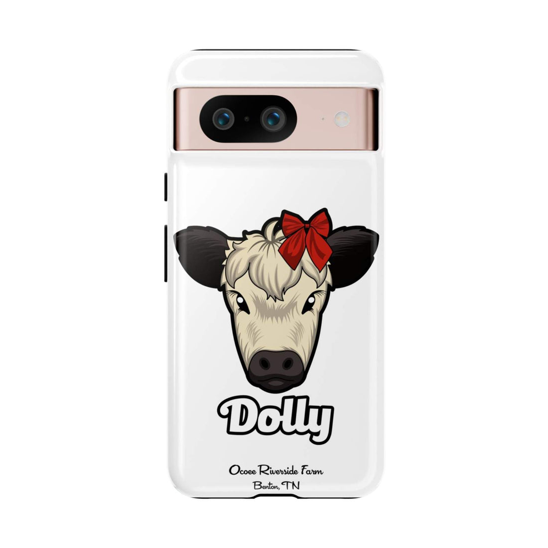 Farmhouse Chic Phone Case featuring Dolly the cow with a red bow, rustic country design, durable and shock-absorbent phone cover