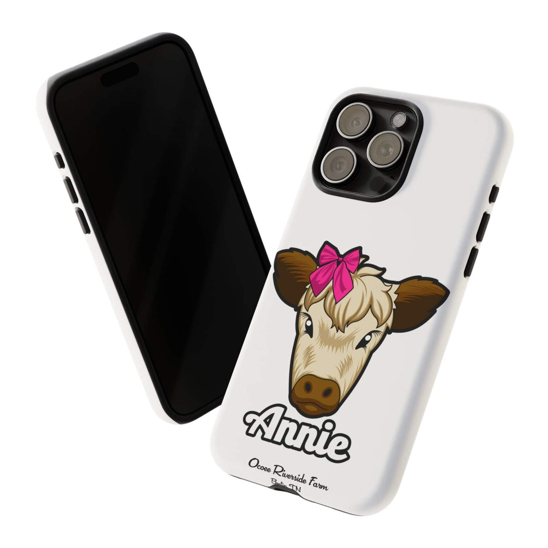 Cute cow phone case with red bow and farmhouse design, perfect farm animal lover gift.