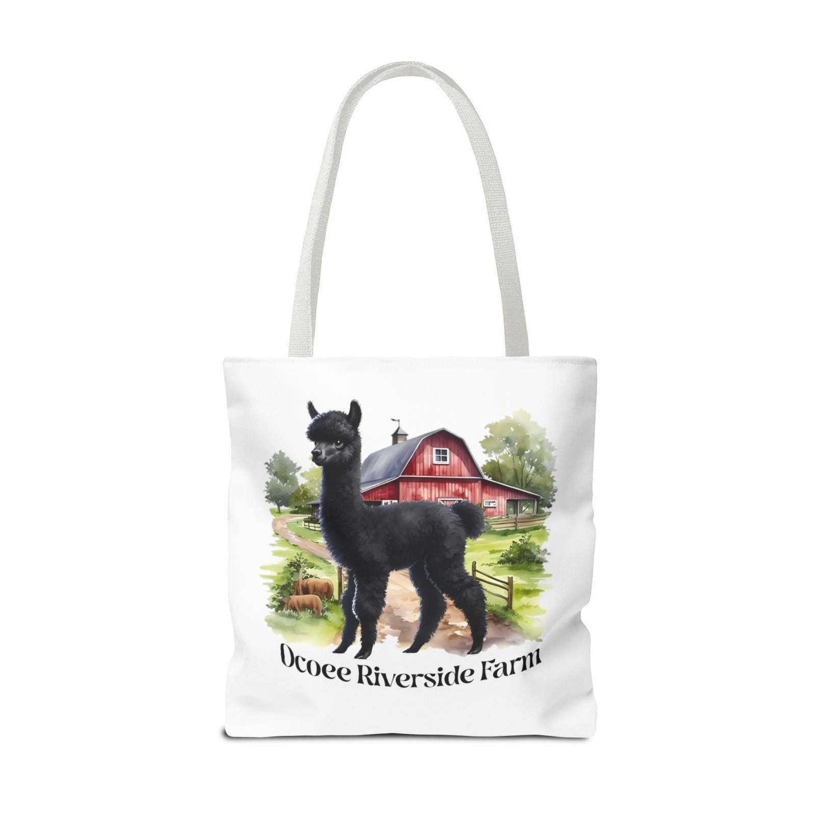 Eco-friendly llama tote bag with Ocoee Riverside Farm design, durable polyester and reinforced handles for shopping or casual use.