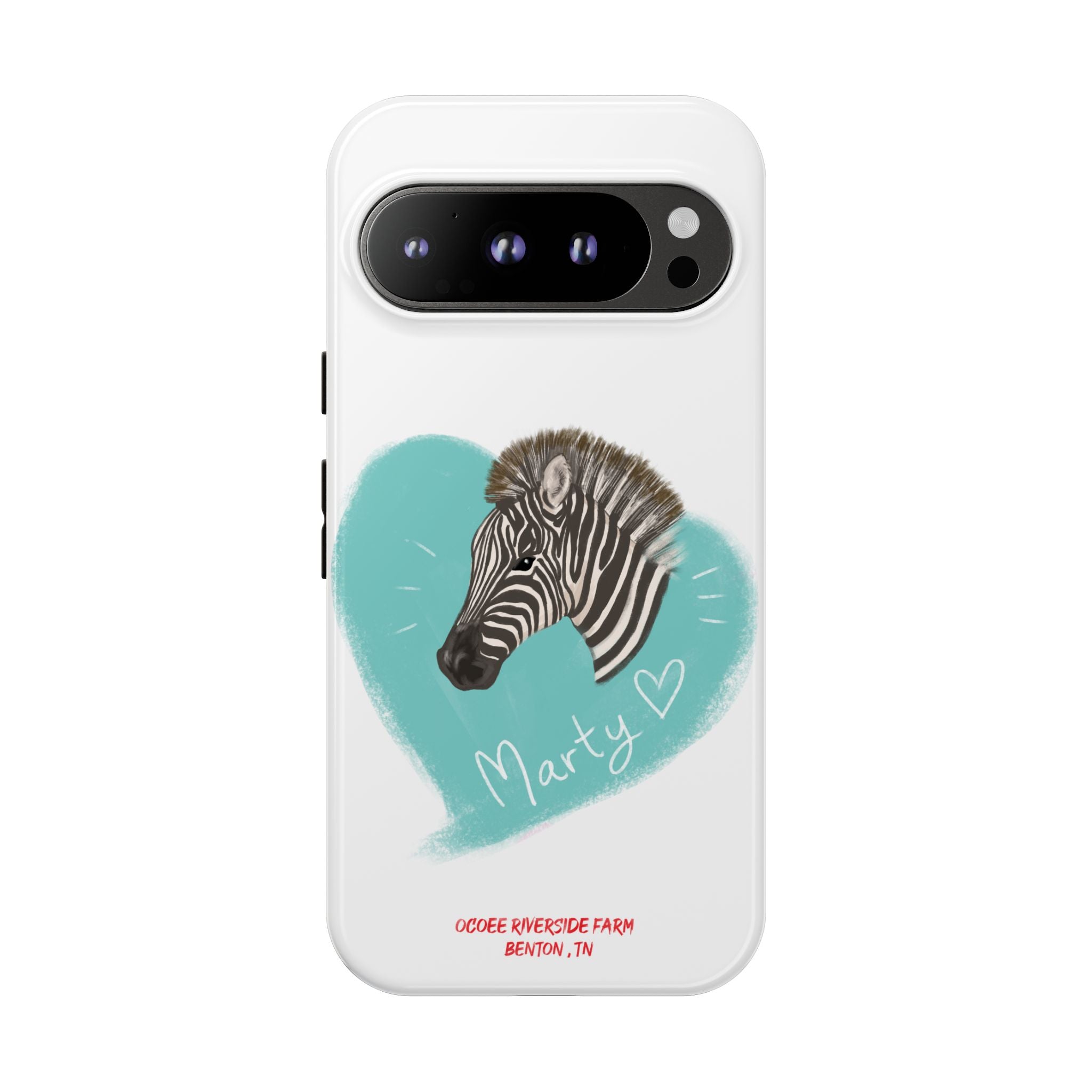 A zebra adorned with the word "Marty" creatively integrated into its stripes at Ocoee Riverside Farm Phone Case