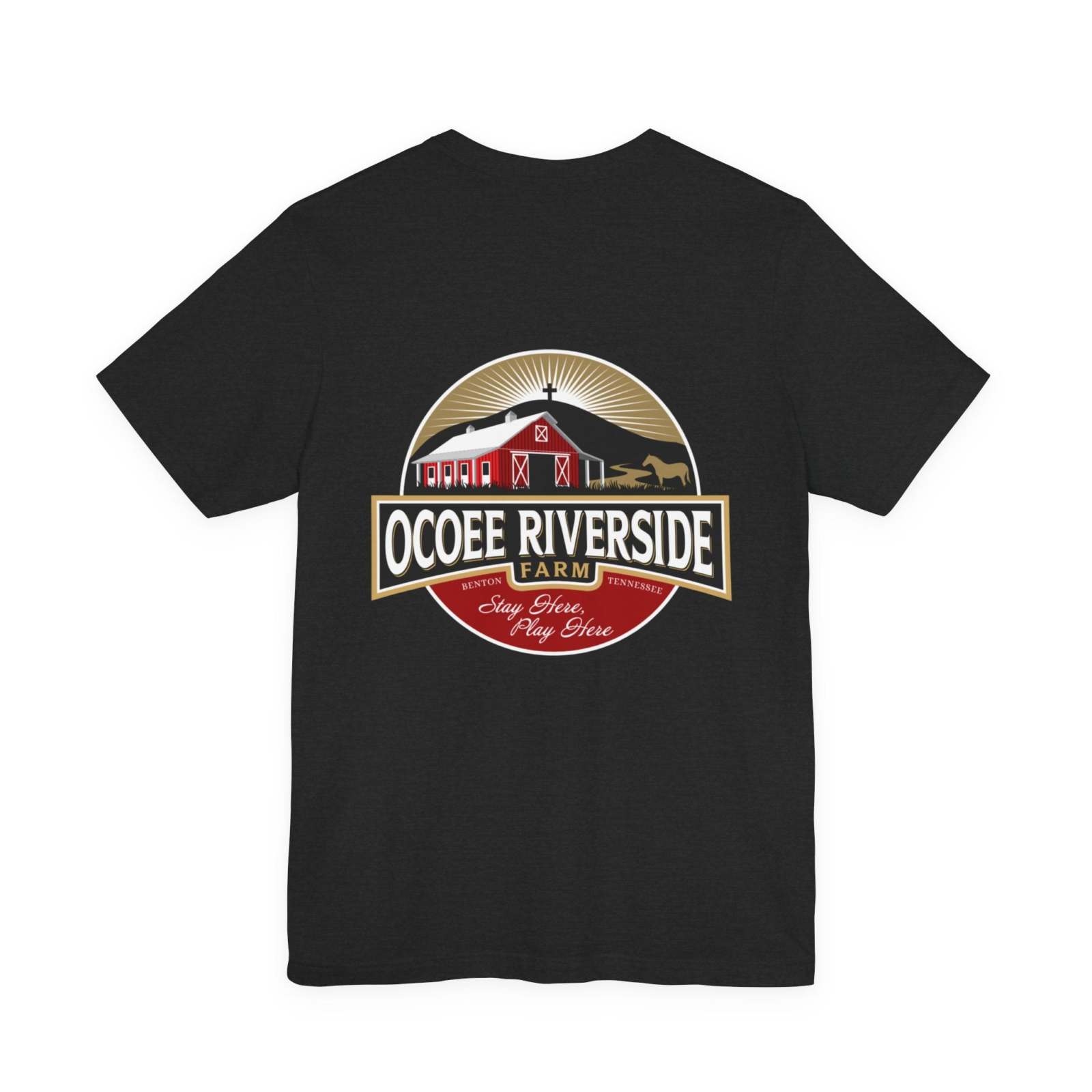 Black unisex sloth t-shirt with Ocoee Riverside Farm logo and laid-back design.