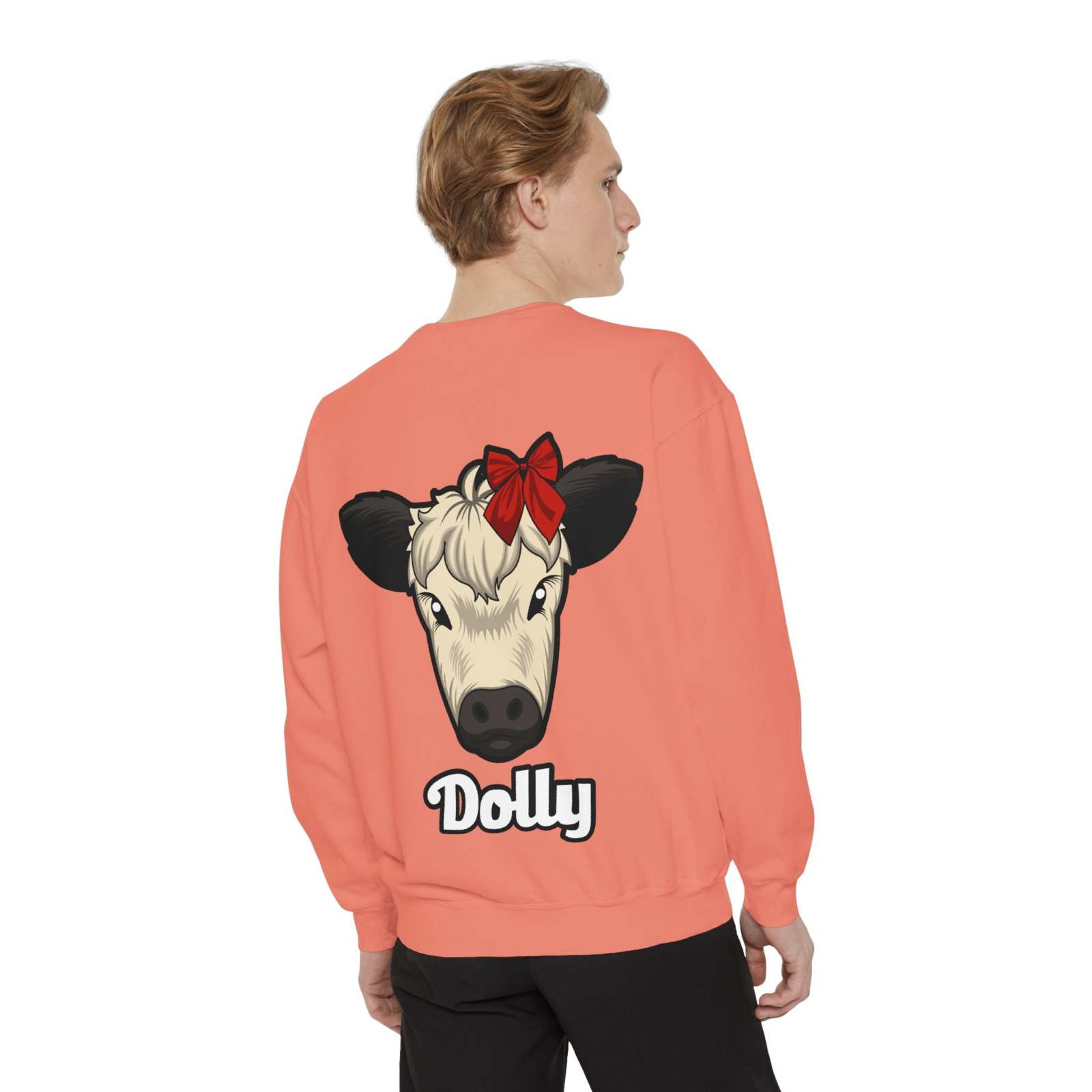 Farmhouse Cow Sweatshirt featuring Dolly the Red Bow Cow print, cozy and stylish.