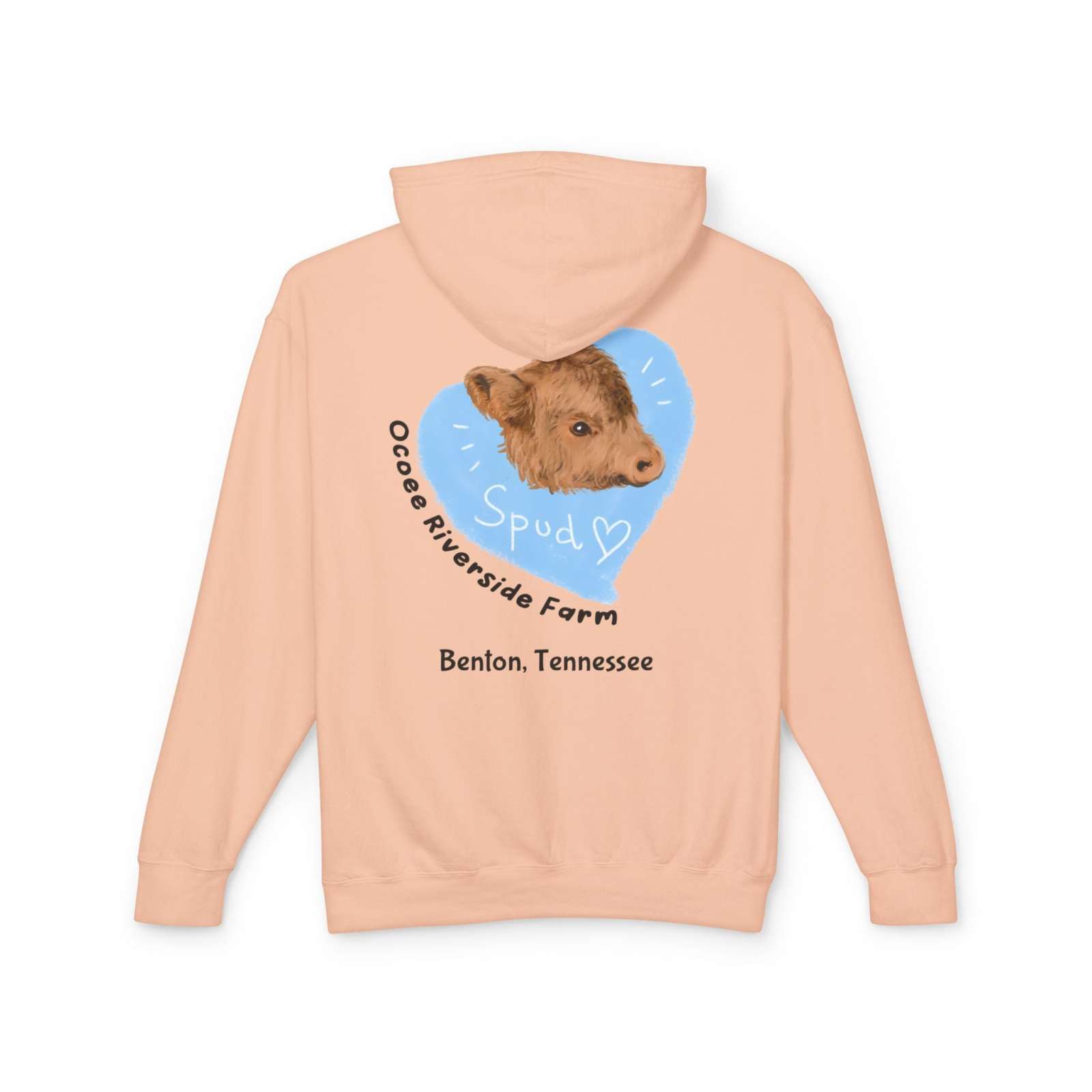 Peach Cute Cow Lightweight Hoodie featuring a cow graphic with "Spud" text, eco-friendly unisex sweatshirt from Ocoee Riverside Farm in Benton, Tennessee.