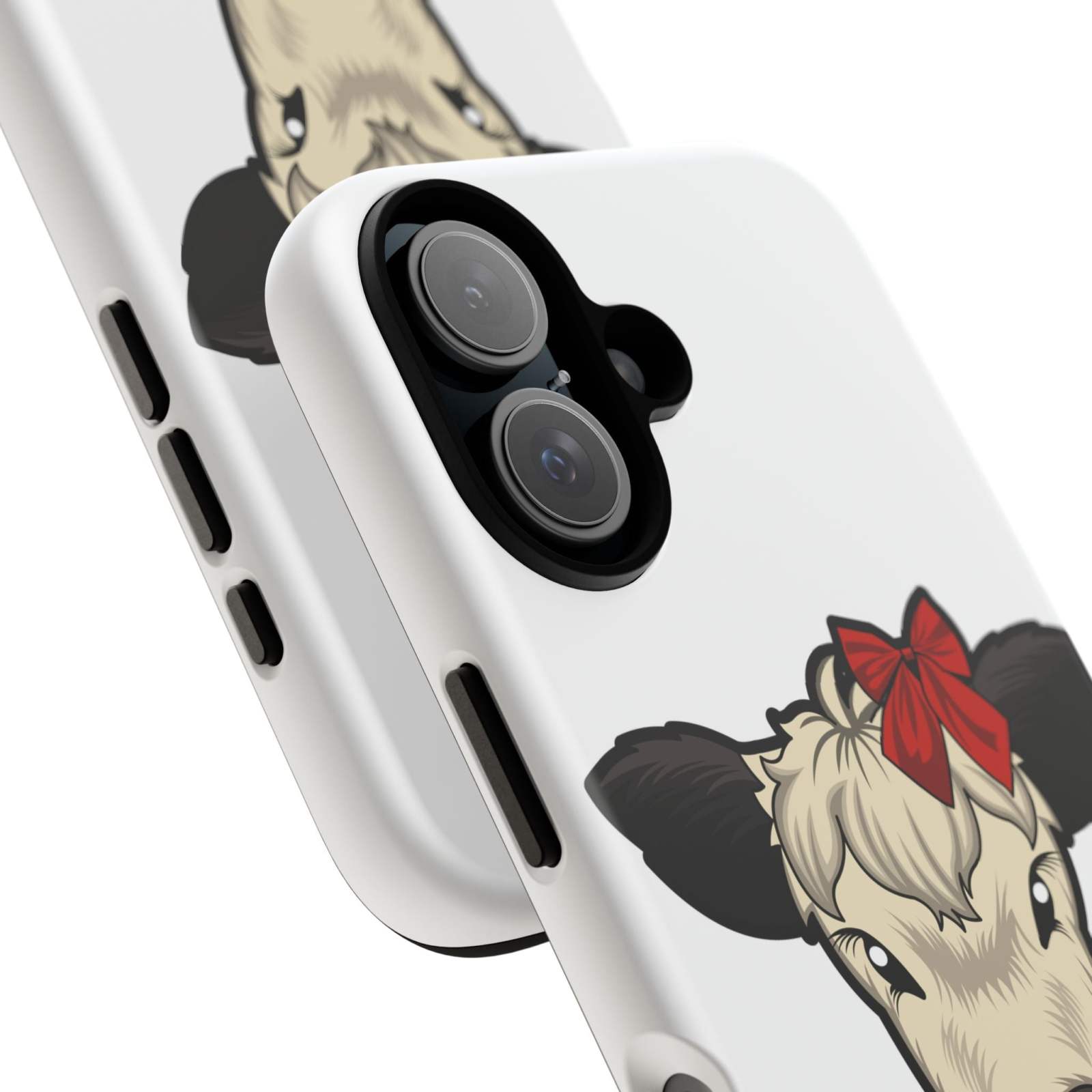 Farmhouse Chic Phone Case with Dolly the Cow design and red bow, offers rustic charm and durable protection.