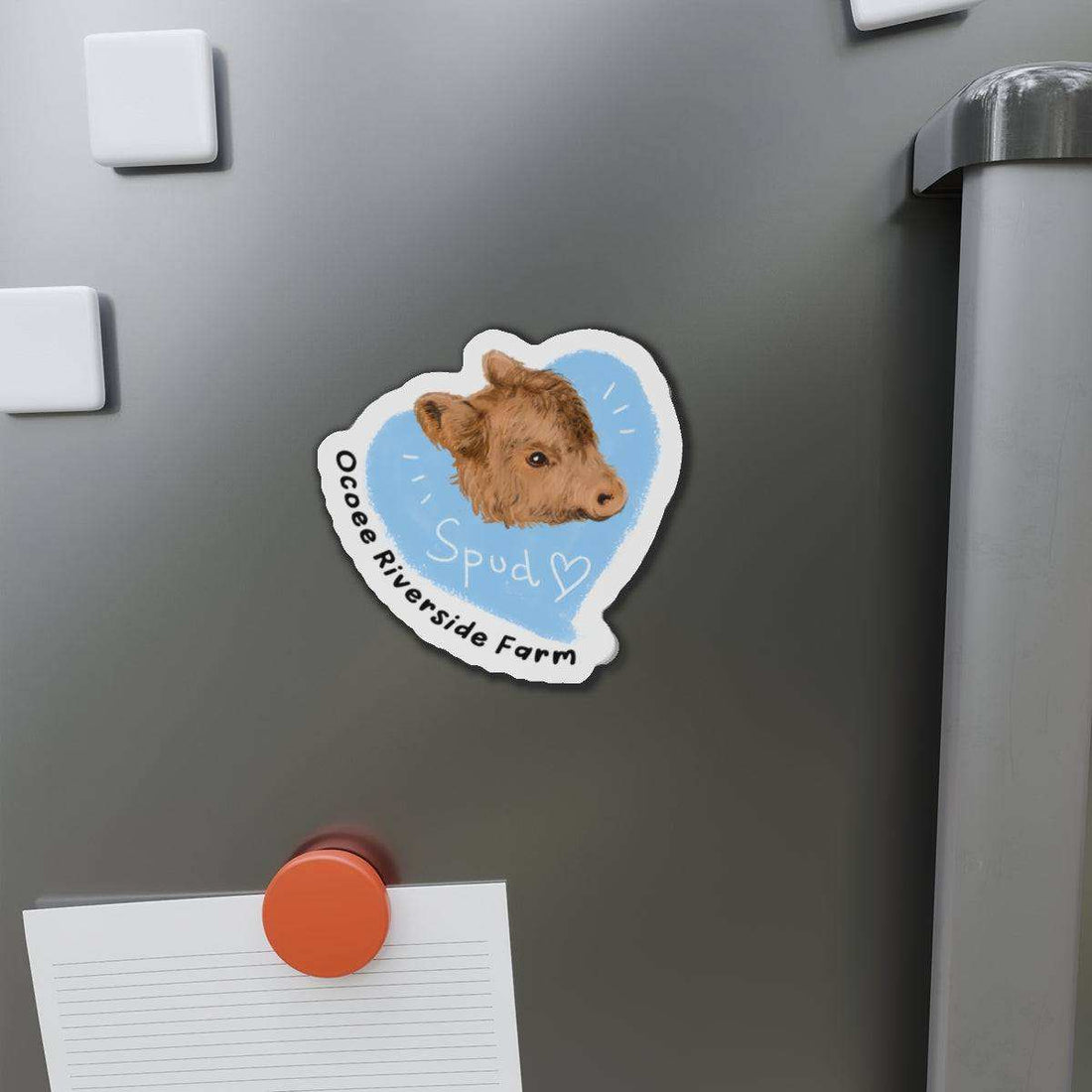 Farm Animal Decor Magnet featuring a charming cow head with "Spud" text on a blue background, attached to a gray metal surface.