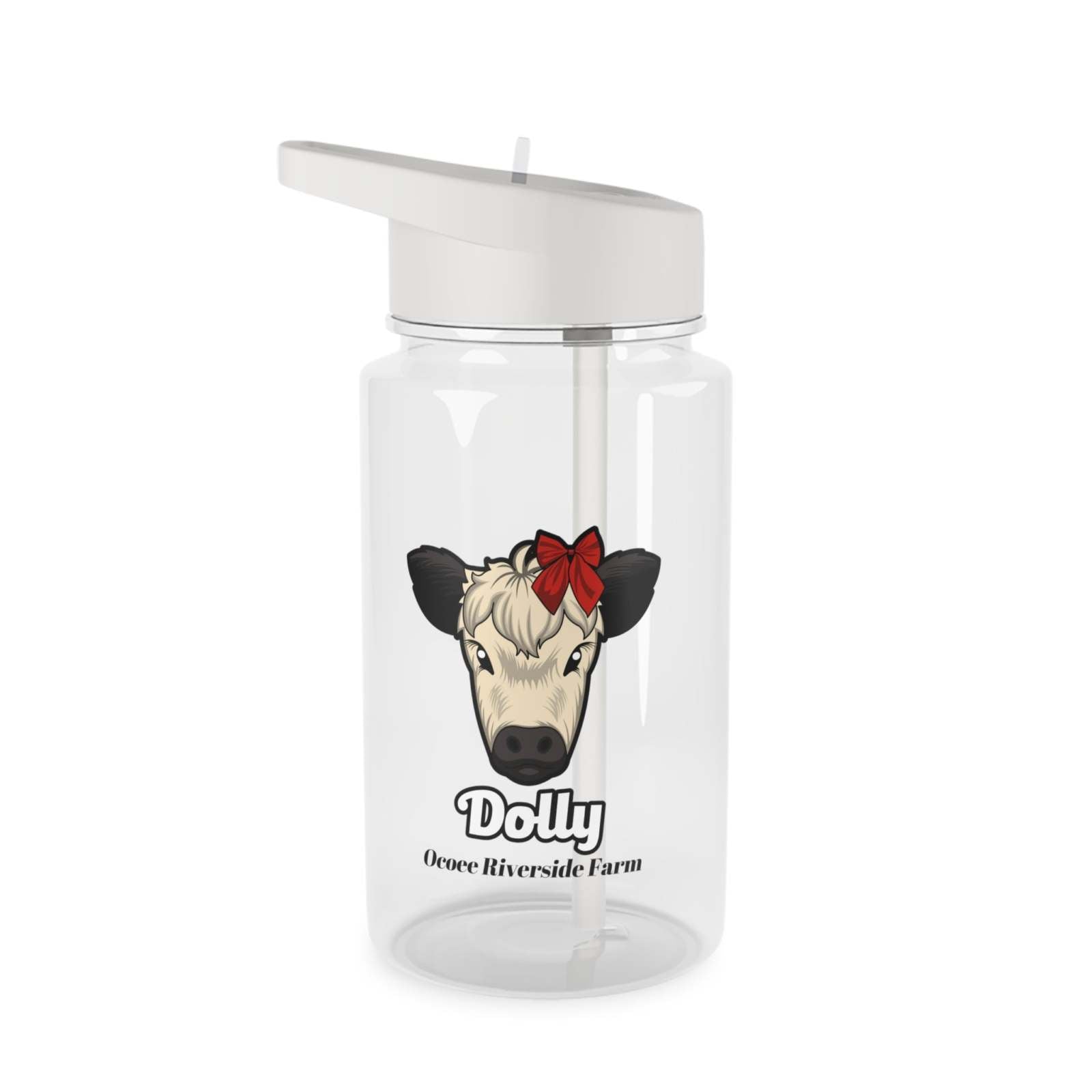 Clear water bottle with cow face and red bow design, foldable straw, and spill-resistant lid for daily hydration