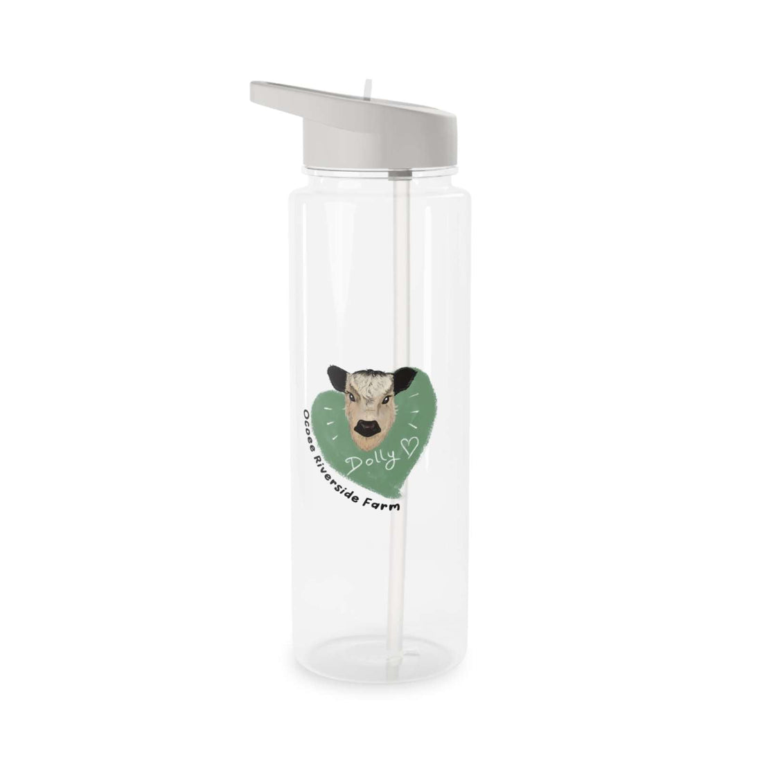 Transparent farm-themed water bottle with cow illustration, foldable straw, and spill-resistant lid.