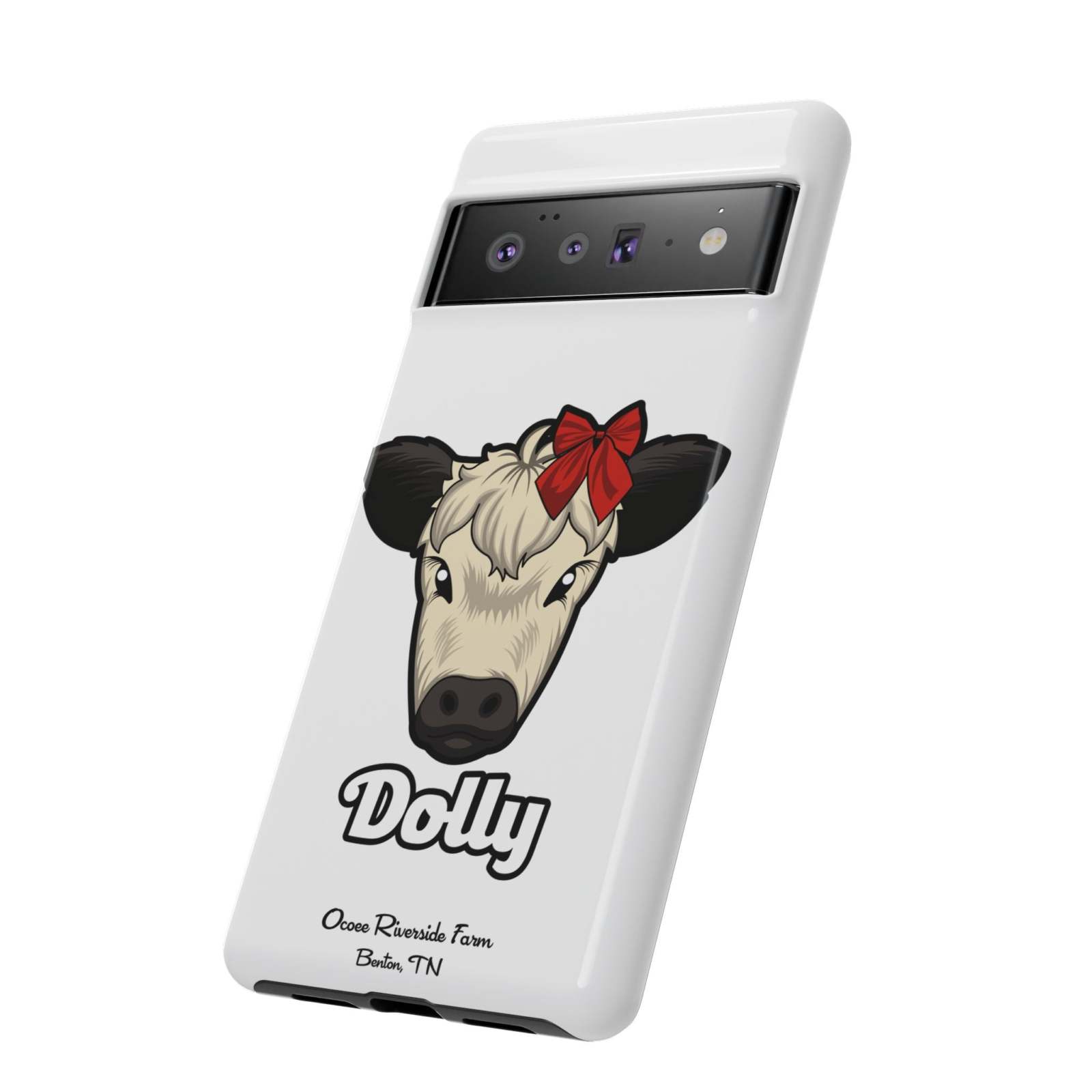 Farmhouse Chic Phone Case with Dolly the Adorable Red Bow Cow design.