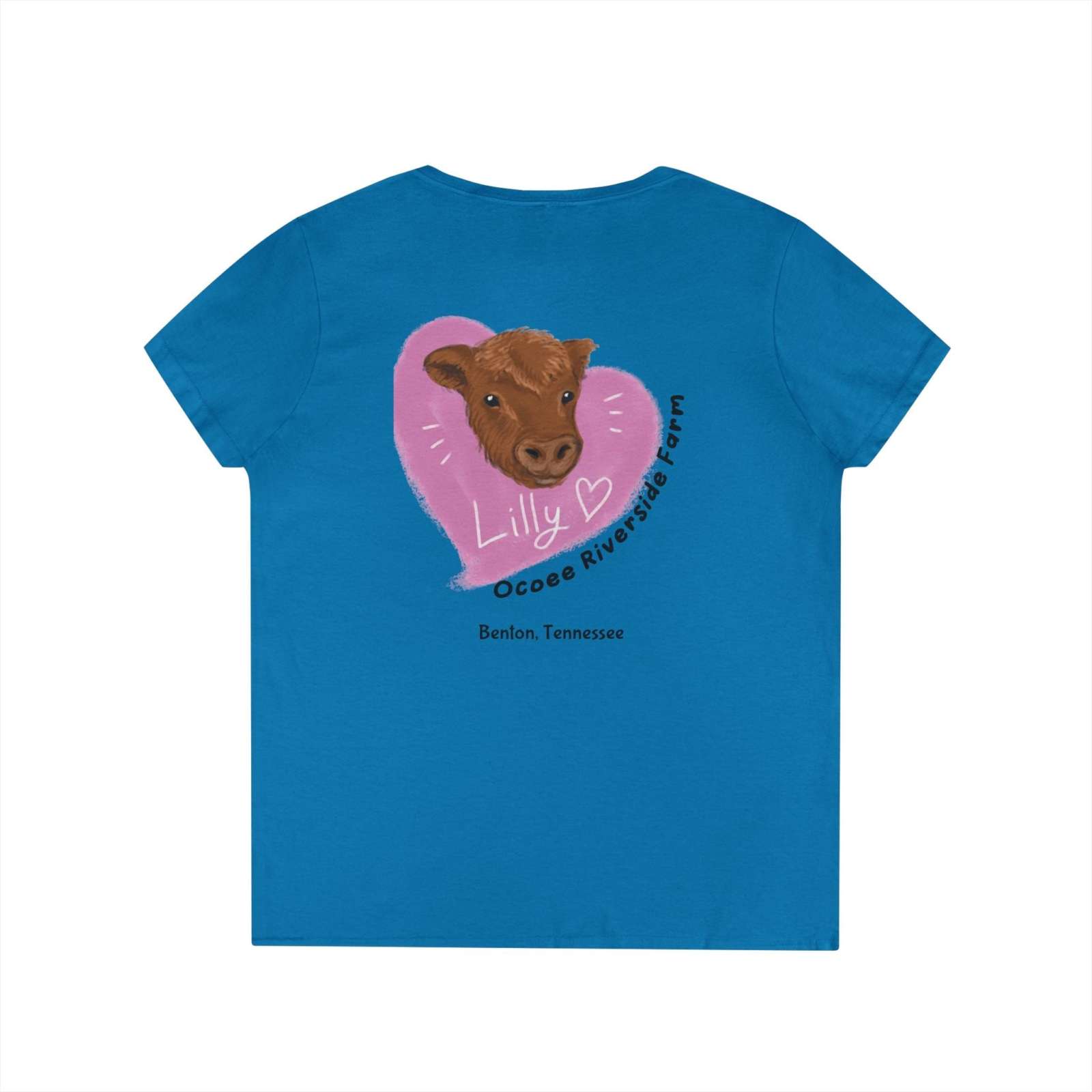 Blue women's V-neck tee with a cow illustration and heart design, semi-fitted cotton farm style shirt