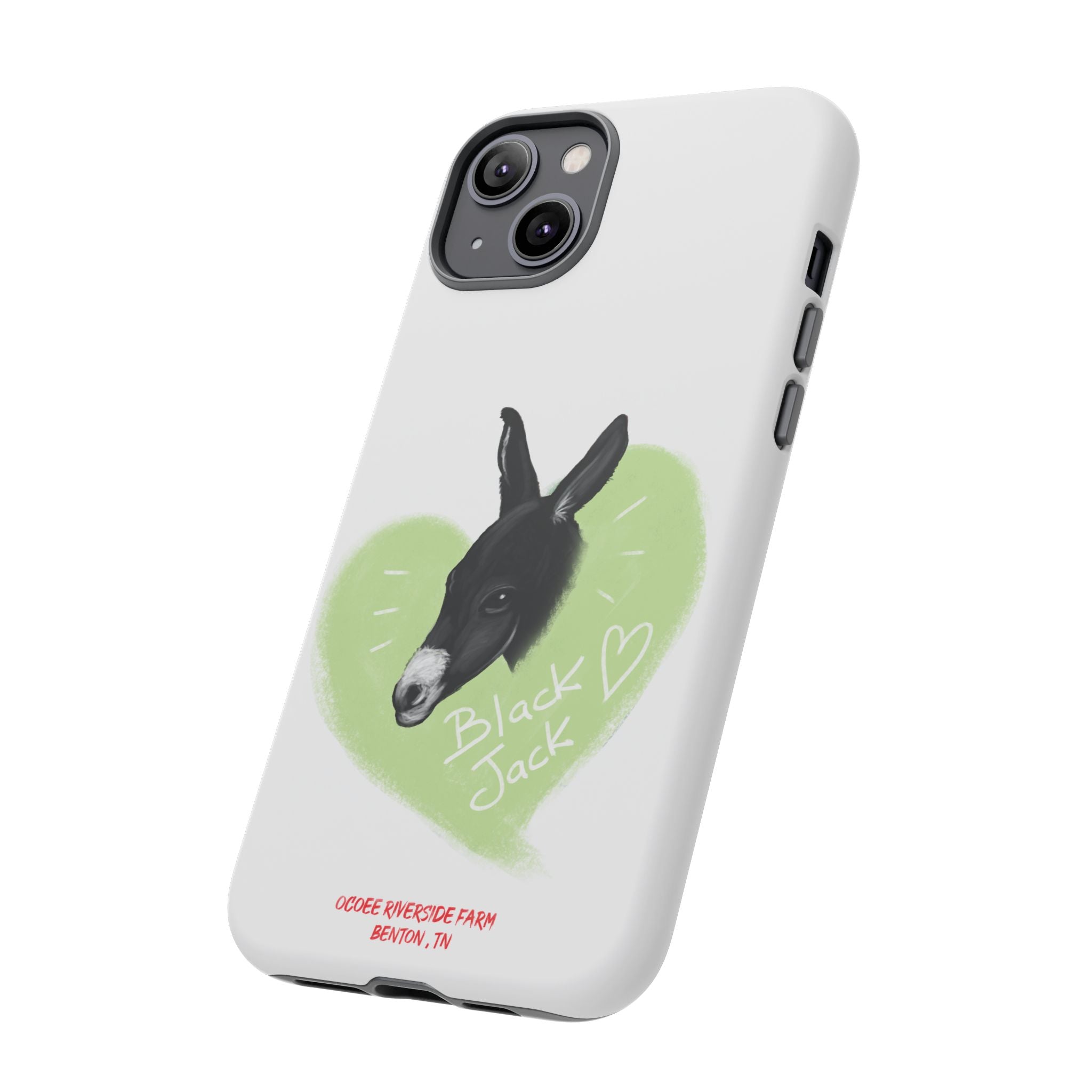 A donkey featuring the words "Black Jack" prominently displayed on its side at Ocoee Riverside Farm Phone Case