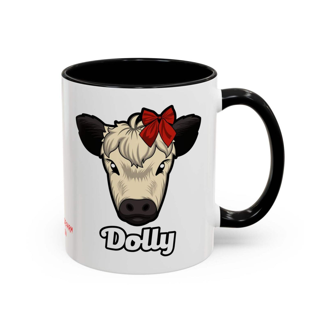 Farm Animal Coffee Mug featuring Dolly the Cute Cow with a Red Bow, white ceramic with black handle and interior, microwave and dishwasher safe