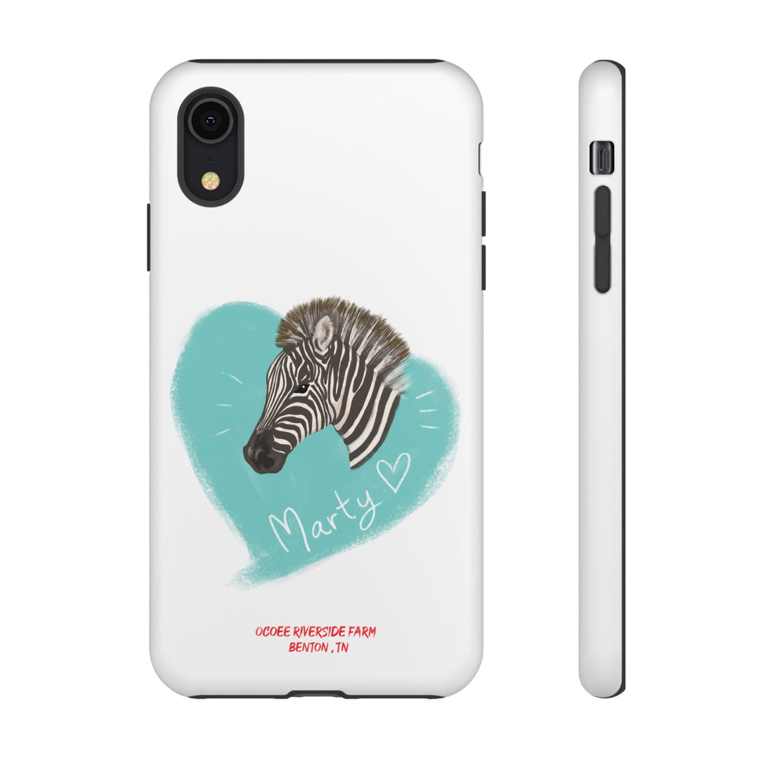 A zebra adorned with the word "Marty" creatively integrated into its stripes at Ocoee Riverside Farm Phone Case