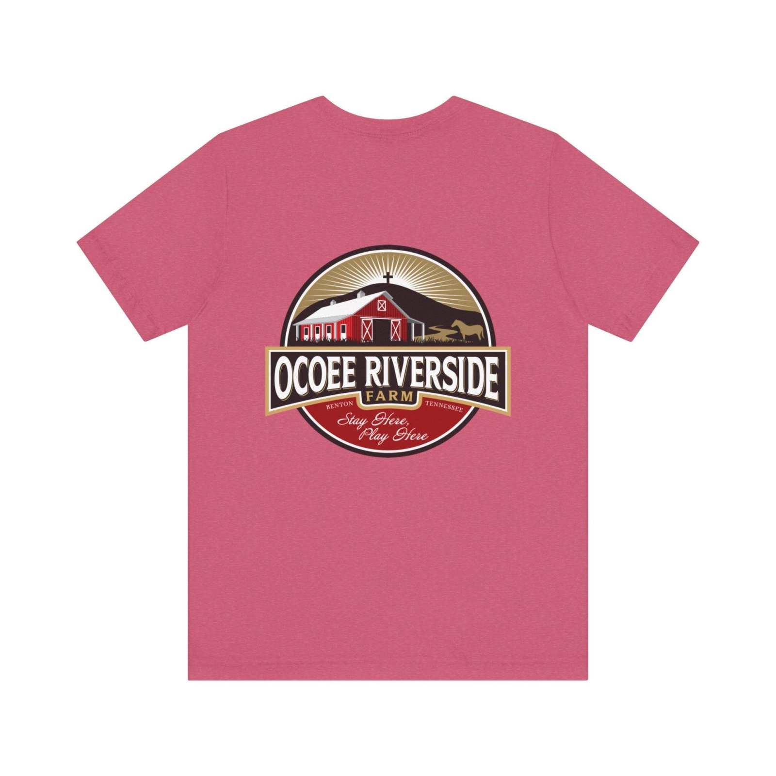 Back view of pink unisex sloth t-shirt featuring Ocoee Riverside Farm logo design