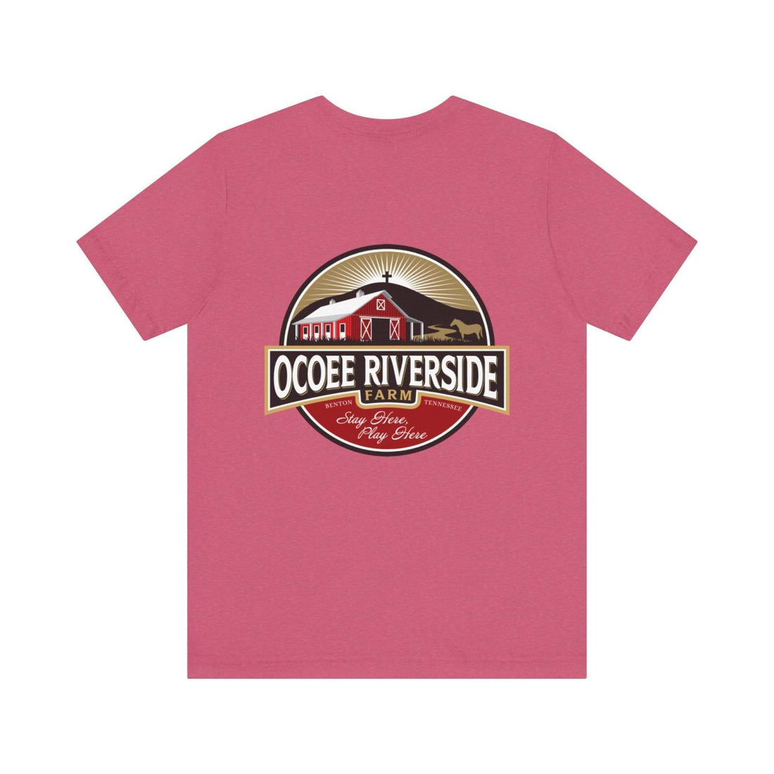 Back view of pink unisex sloth t-shirt featuring Ocoee Riverside Farm logo design