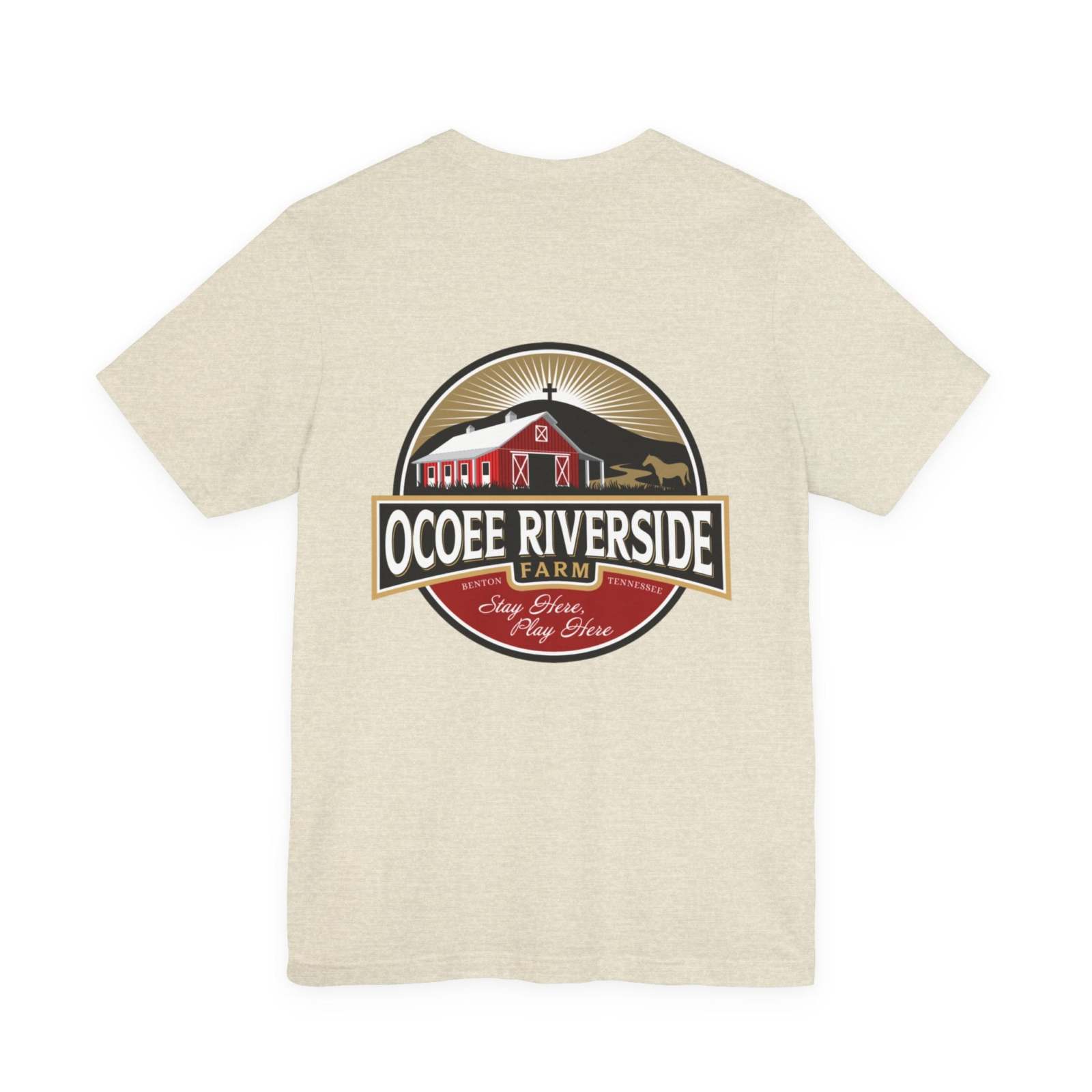 Unisex beige Sloth T-Shirt with Ocoee Riverside Farm logo on back, breathable cotton, casual fit