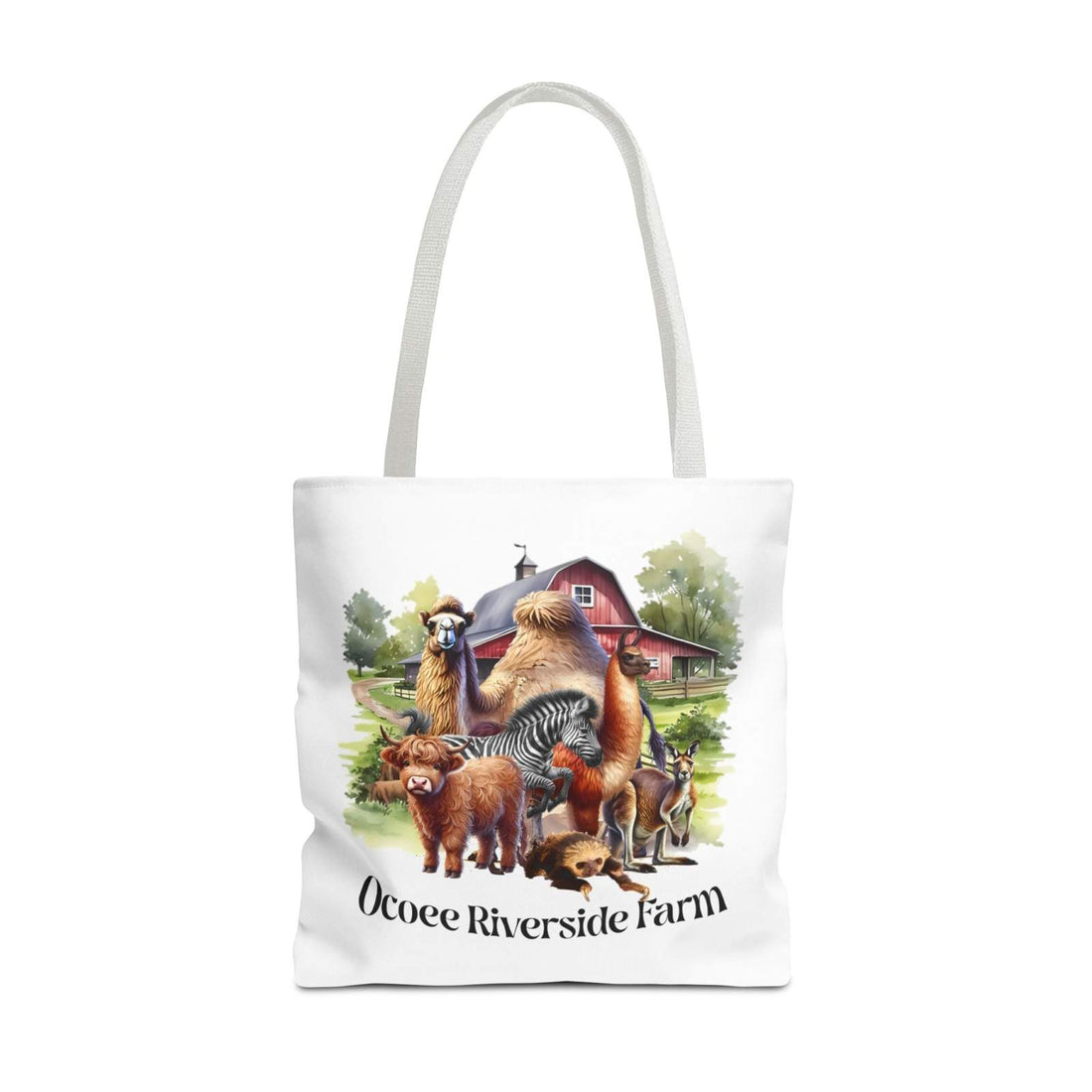 Eco-friendly Animals Tote Bag featuring Ocoee Riverside Farm design with farm animals and barn illustration.
