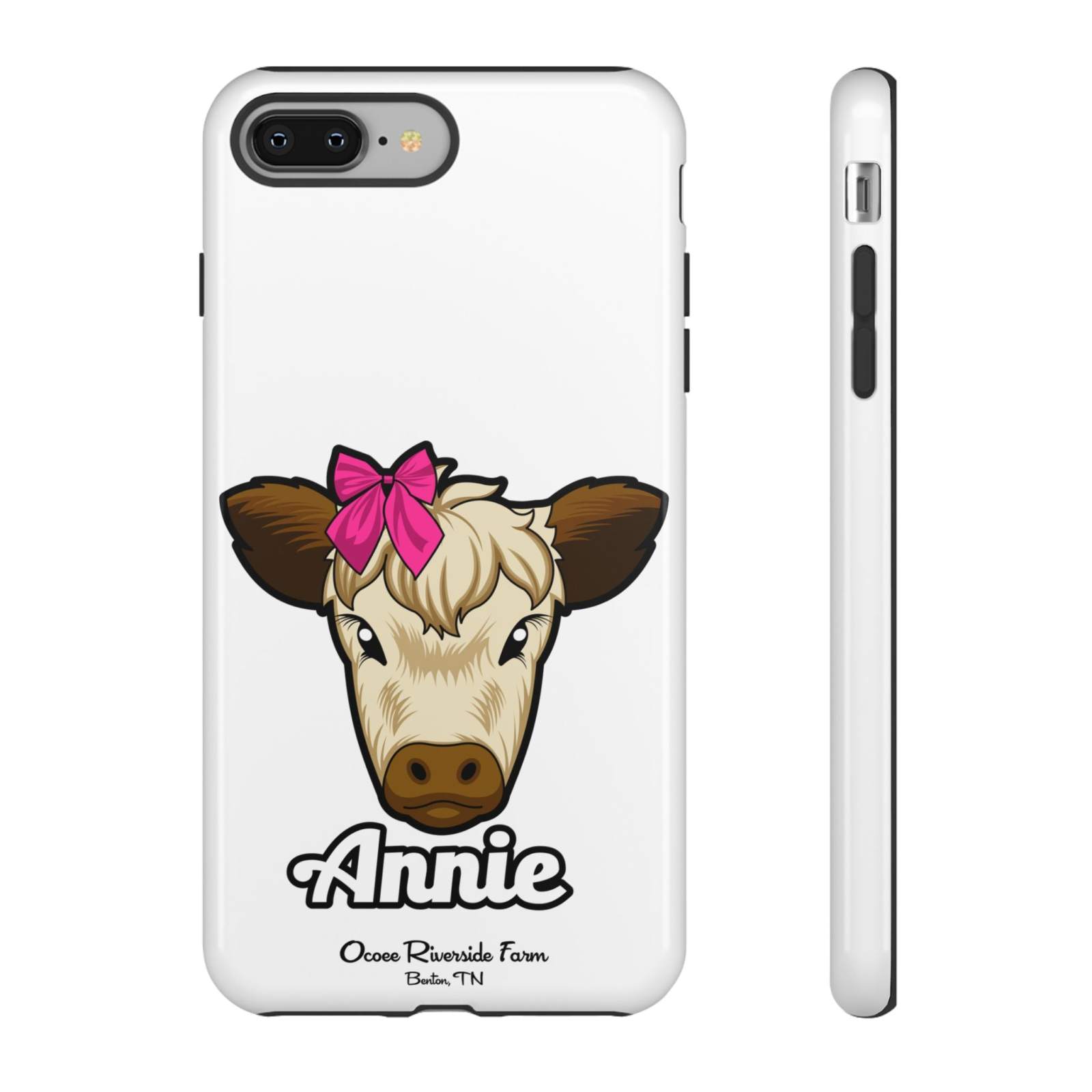 Cute cow phone case with red bow, perfect farm animal lover gift.
