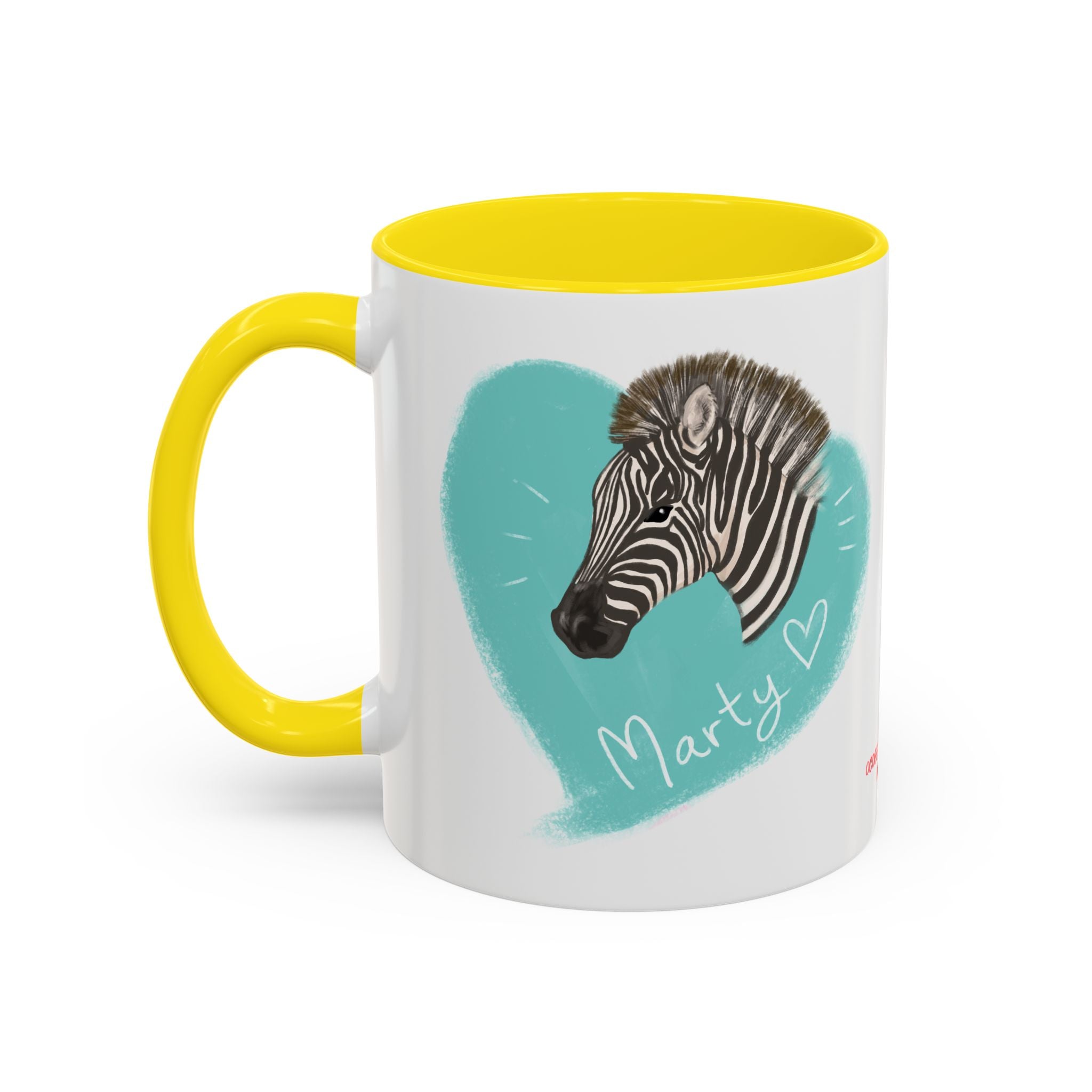 A zebra adorned with the word "Marty" creatively integrated into its stripes at Ocoee Riverside Farm Coffee Mug
