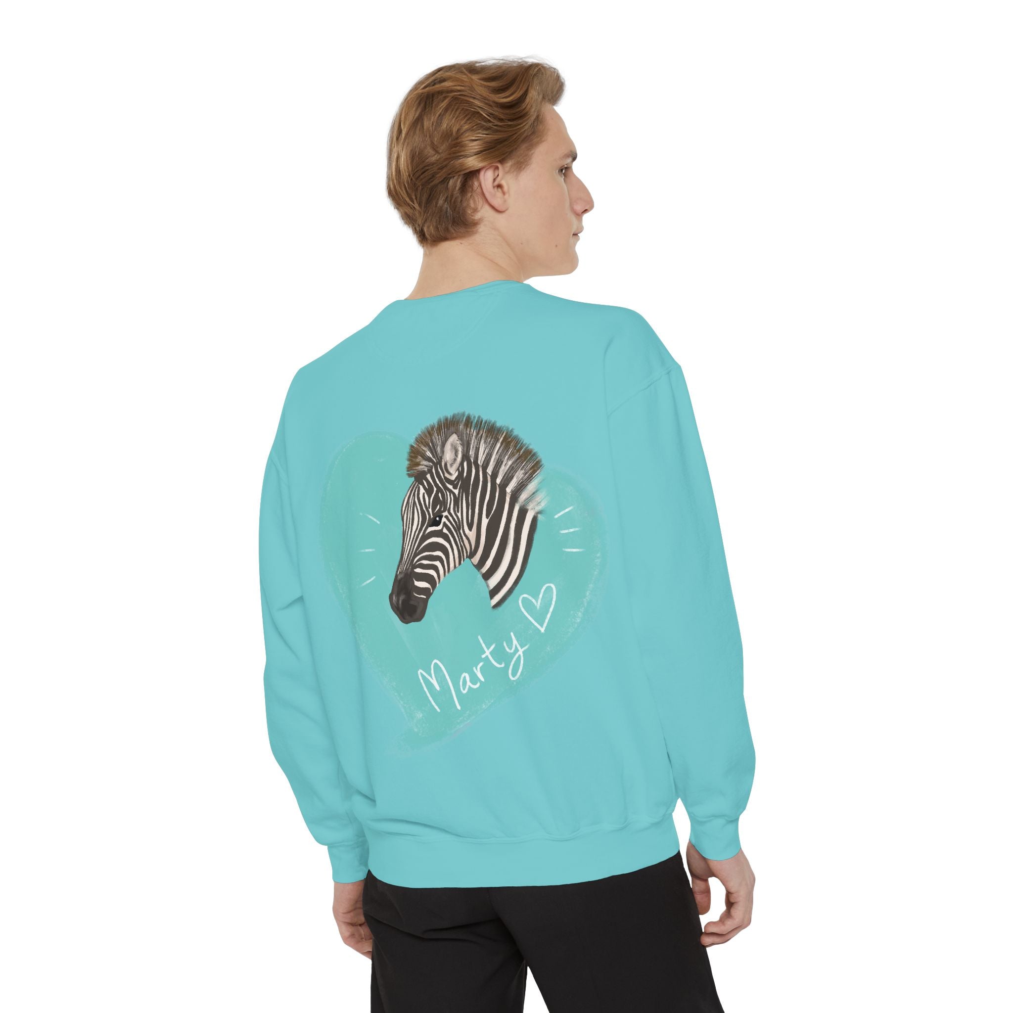 A zebra adorned with the word "Marty" creatively integrated into its stripes at Ocoee Riverside Farm Sweatshirt