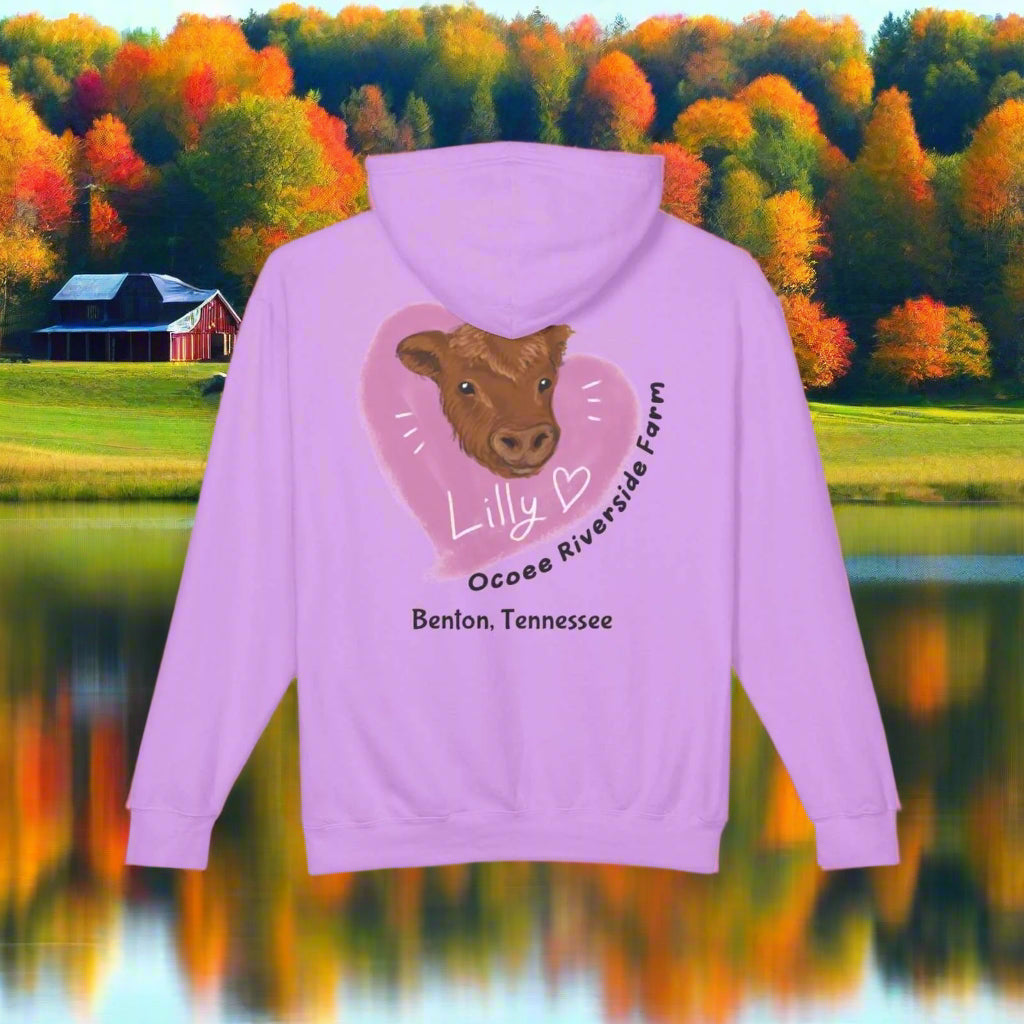 Unisex lavender hoodie with cute cow graphic and Ocoee Riverside Farm text on back