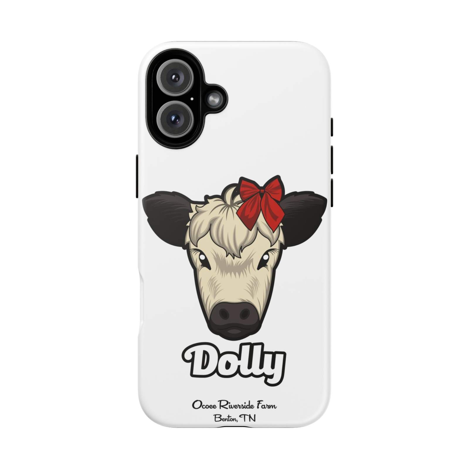 Farmhouse Chic Phone Case featuring Dolly the cow with a red bow, protective and stylish design for farmhouse lovers