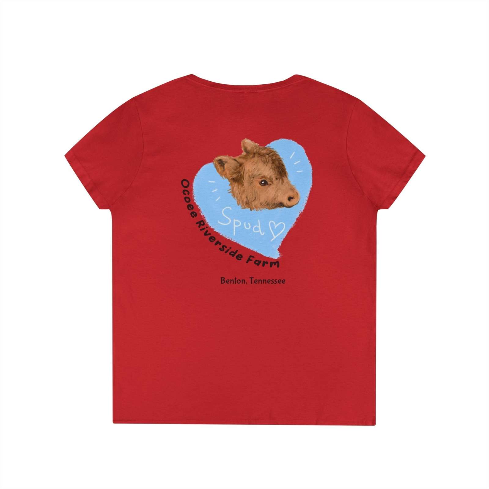 Red Spud Heart Women’s V-Neck T-Shirt featuring a blue heart with a calf illustration and Ocoee Riverside Farm Tennessee text on the back