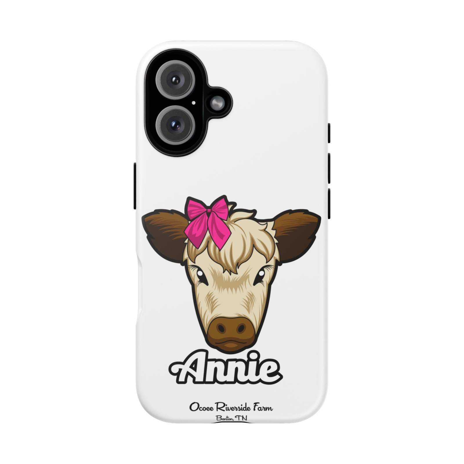 Cute cow phone case with red bow, perfect farm animal lover gift, durable and stylish design.