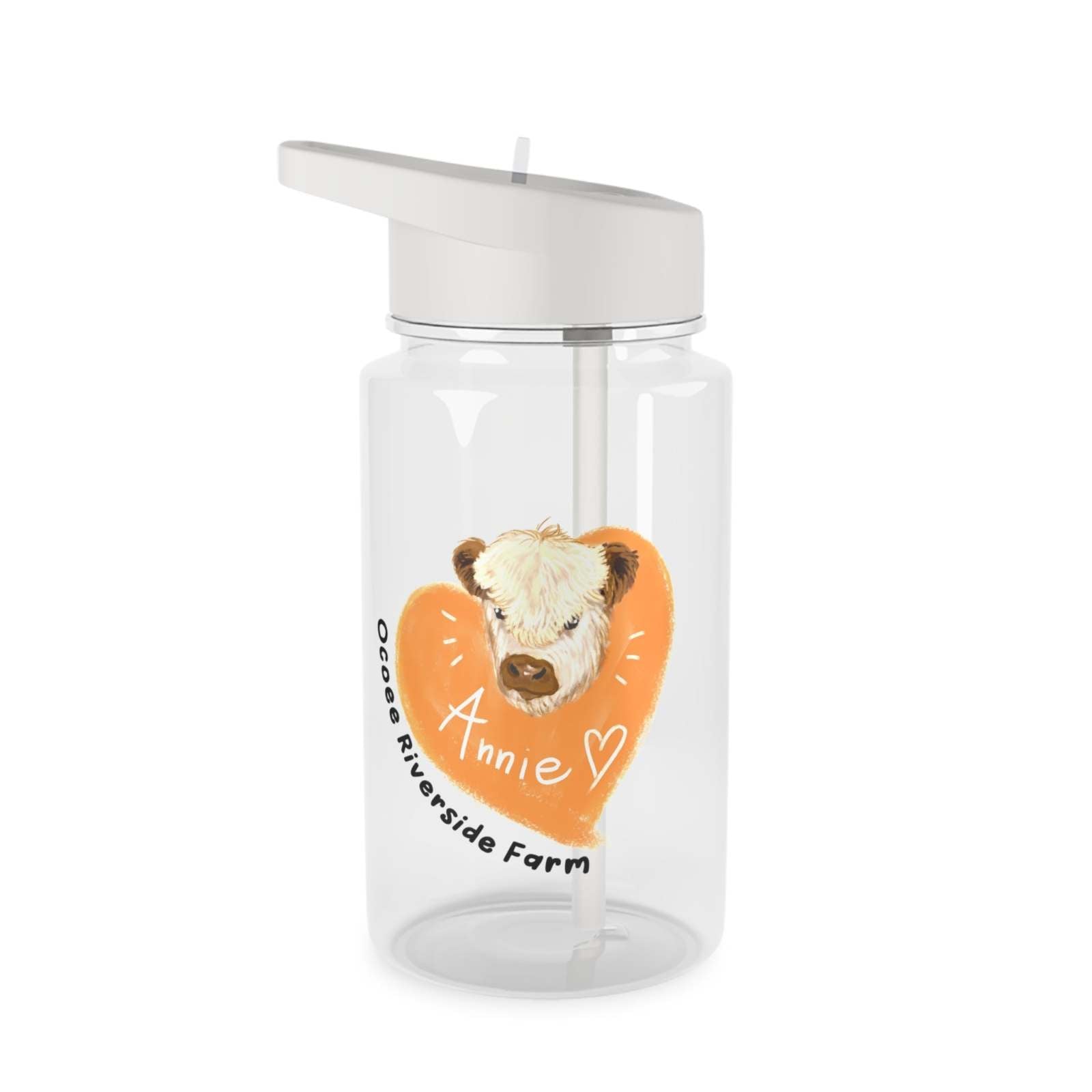 Clear Country Cow Water Bottle with spill-resistant lid and foldable straw featuring a cow illustration and customizable text Annie from Osage Riverside Farm