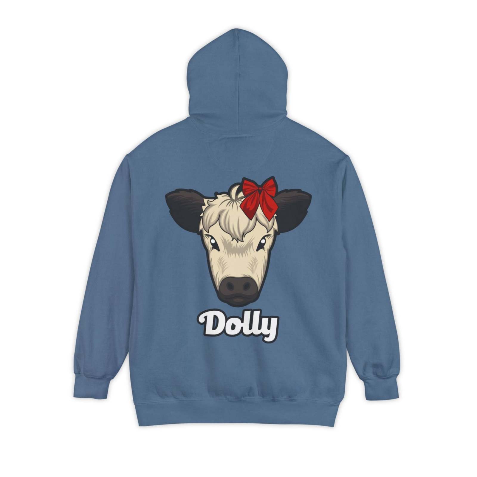Blue hoodie with cow graphic named Dolly, red bow, and "Dolly" text, cozy and durable fabric.