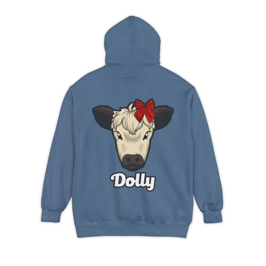 Blue hoodie with cow graphic named Dolly, red bow, and "Dolly" text, cozy and durable fabric.