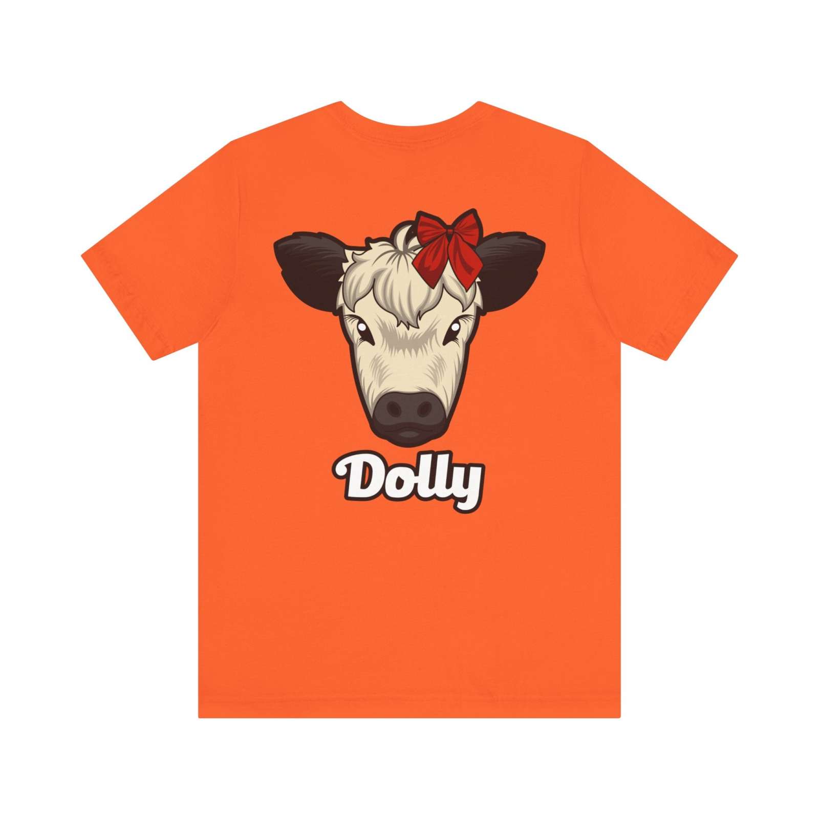 Orange Country Cow Graphic Tee featuring a cow named Dolly with a red bow on the front