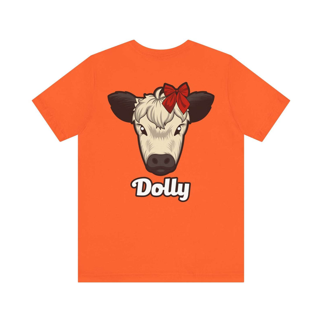 Orange Country Cow Graphic Tee featuring a cow named Dolly with a red bow on the front