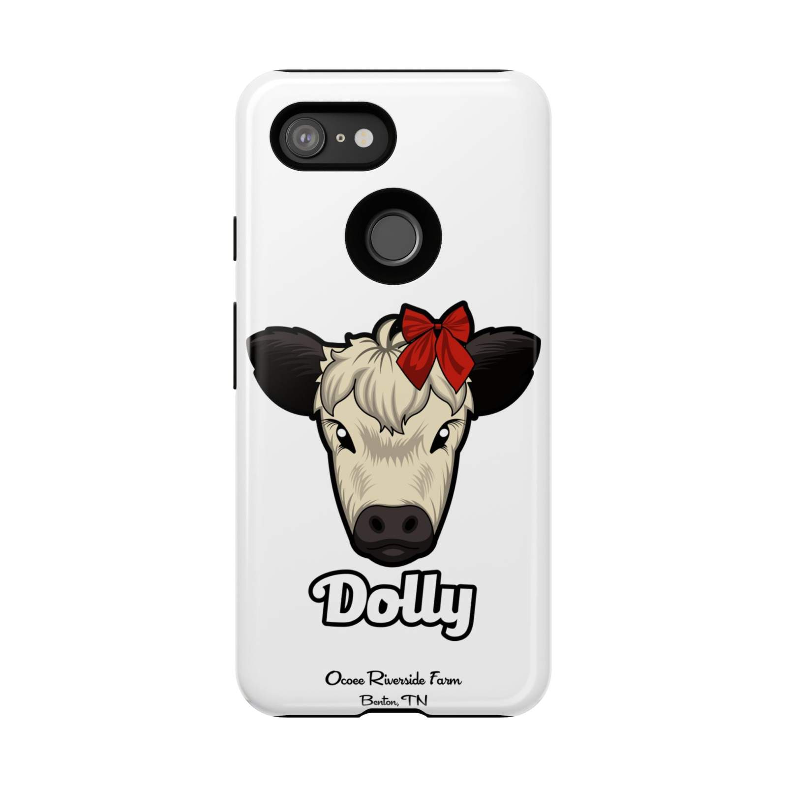 Farmhouse Chic Phone Case featuring Dolly the cow with red bow, durable and stylish rural design phone cover