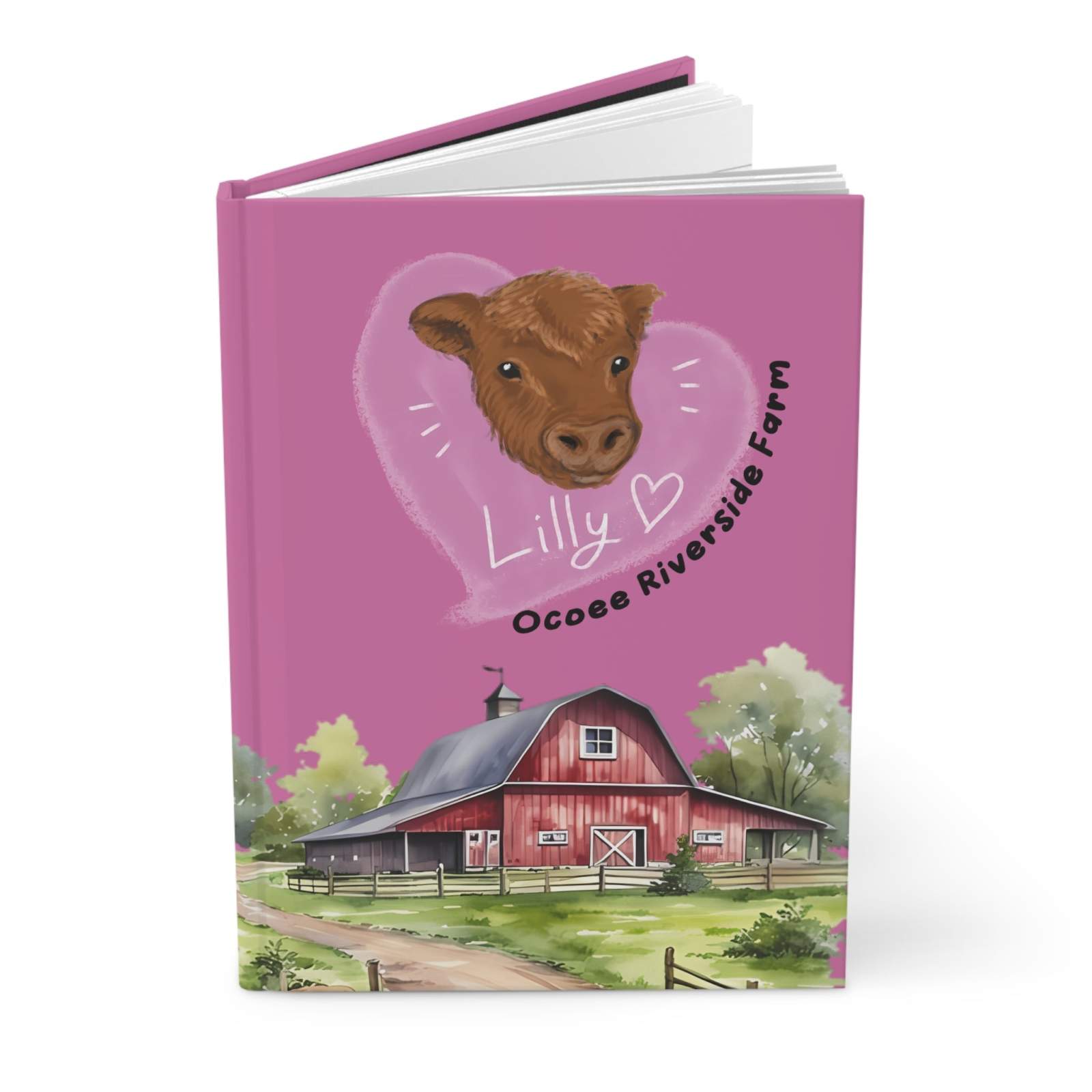 Adorable Cow Journal with cow illustration and farmhouse scene on pink hardcover, 150 lined pages, durable matte laminated cover