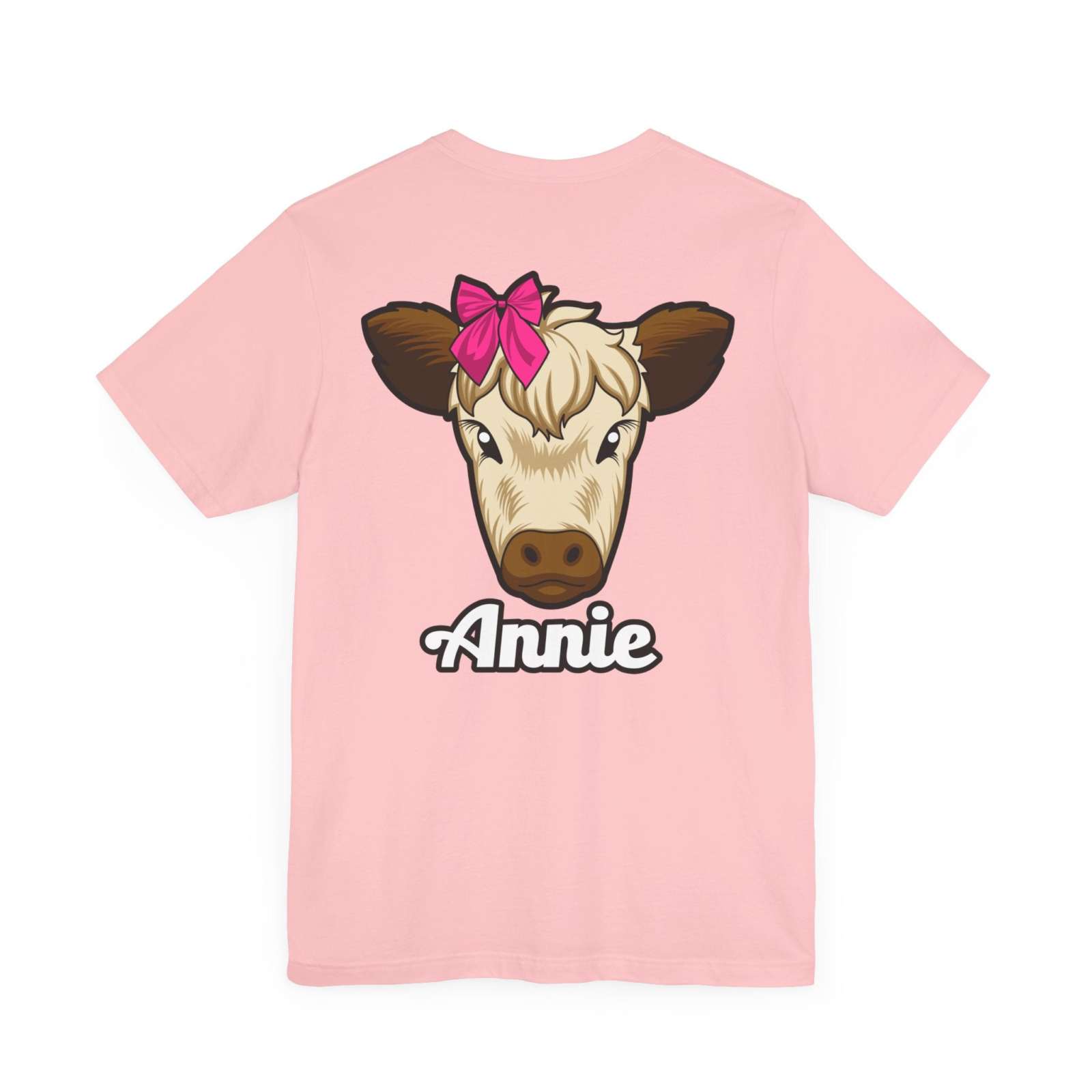 Annie the Cow graphic on pink Farm Life T-Shirt with red bow.